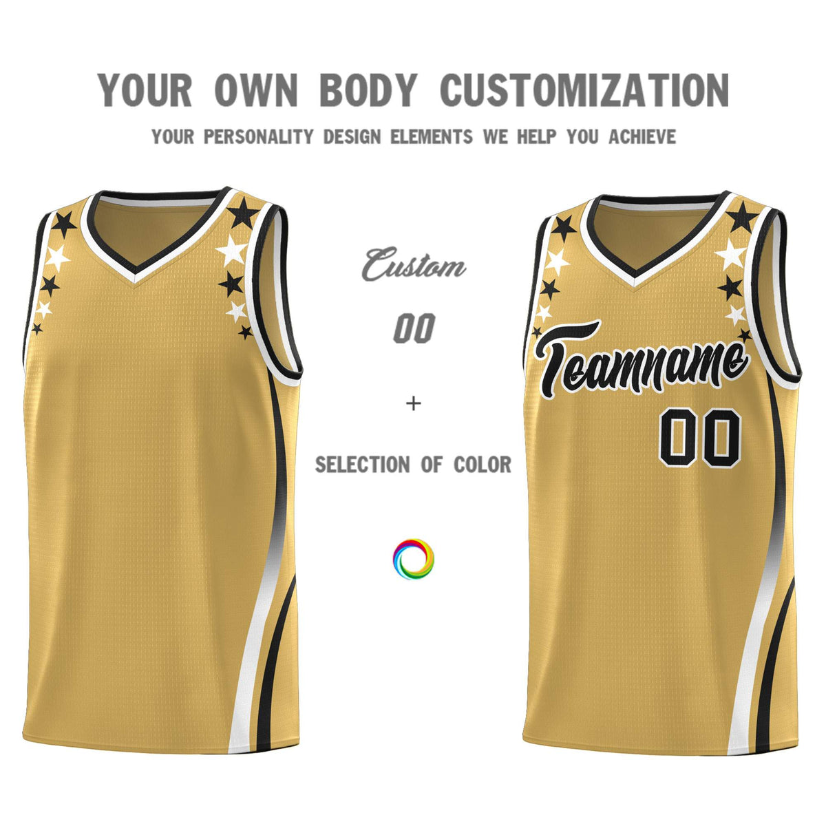 Custom Old Gold Shoulders Star Pattern Side Color Block Sports Uniform Basketball Jersey