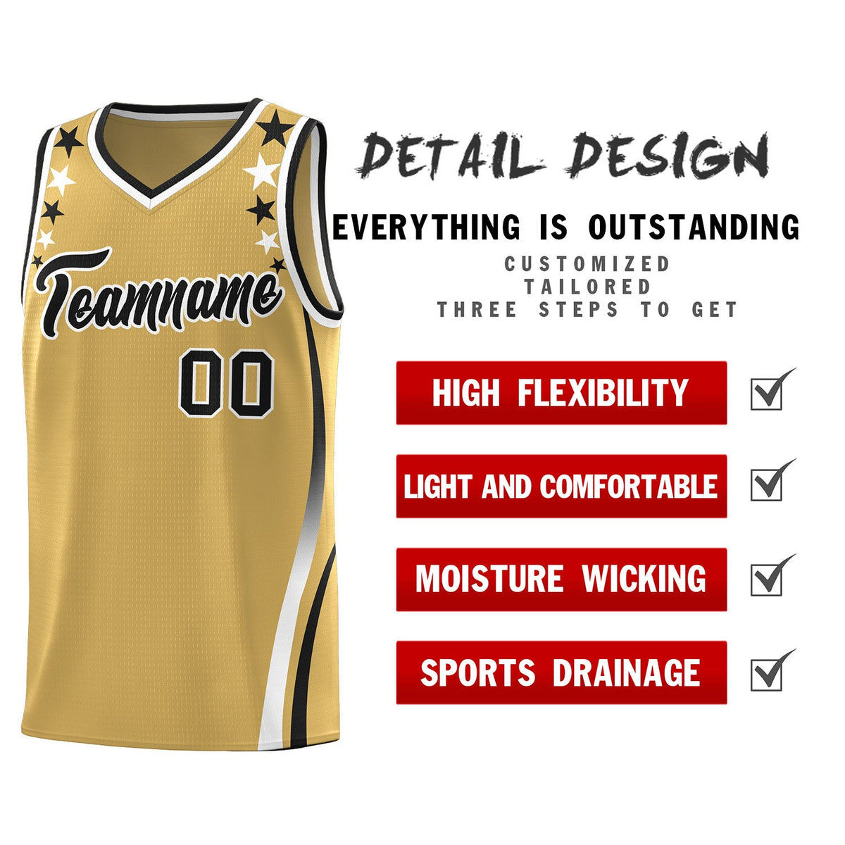 Custom Old Gold Shoulders Star Pattern Side Color Block Sports Uniform Basketball Jersey