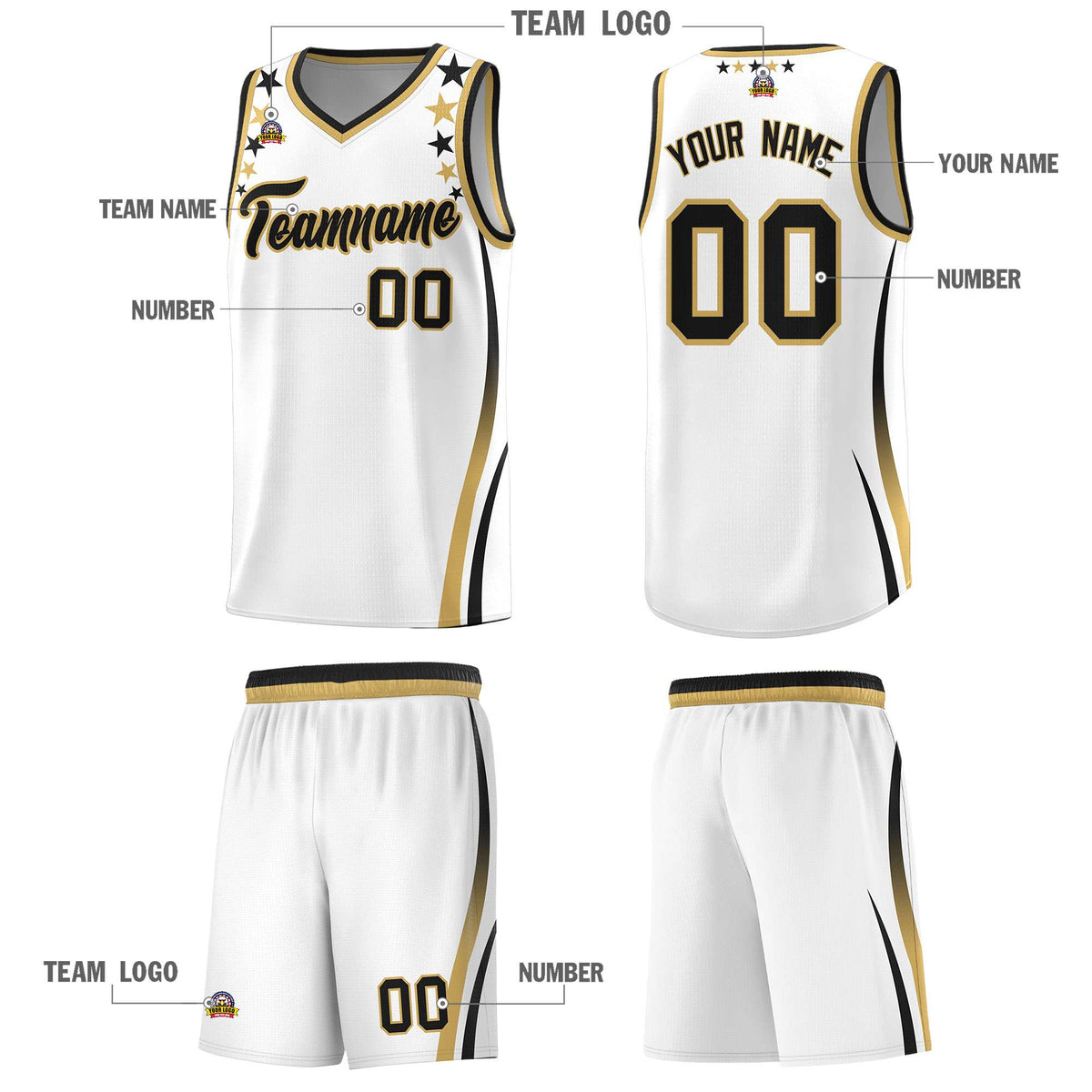 Custom White Shoulders Star Pattern Side Color Block Sports Uniform Basketball Jersey