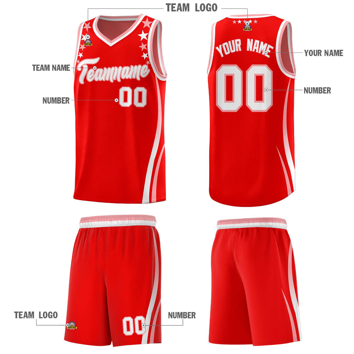 Custom Red Shoulders Star Pattern Side Color Block Sports Uniform Basketball Jersey