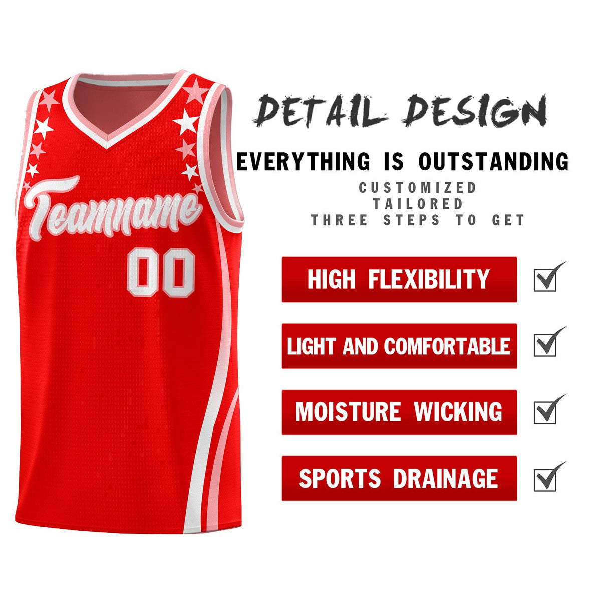 Custom Red Shoulders Star Pattern Side Color Block Sports Uniform Basketball Jersey