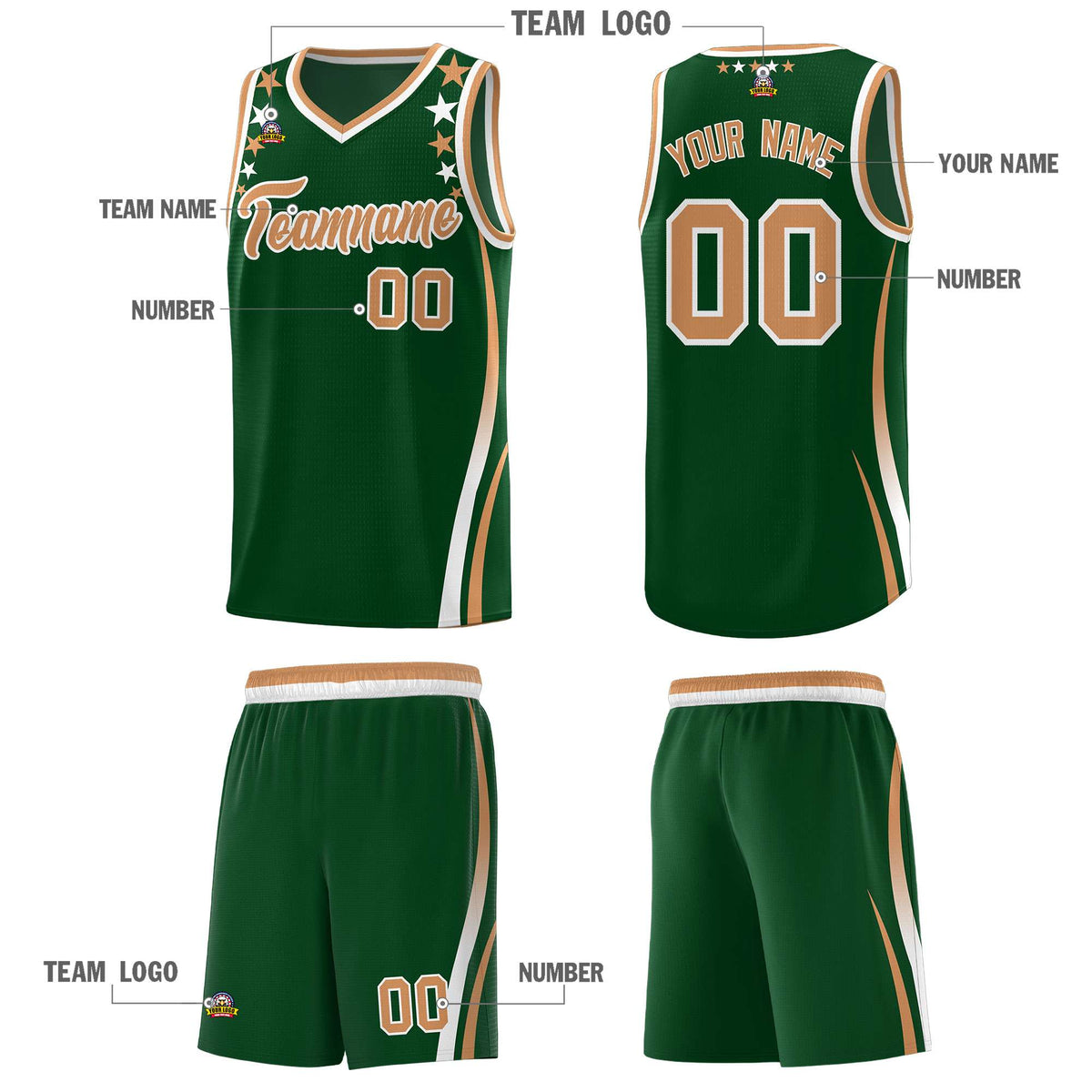 Custom Green Shoulders Star Pattern Side Color Block Sports Uniform Basketball Jersey