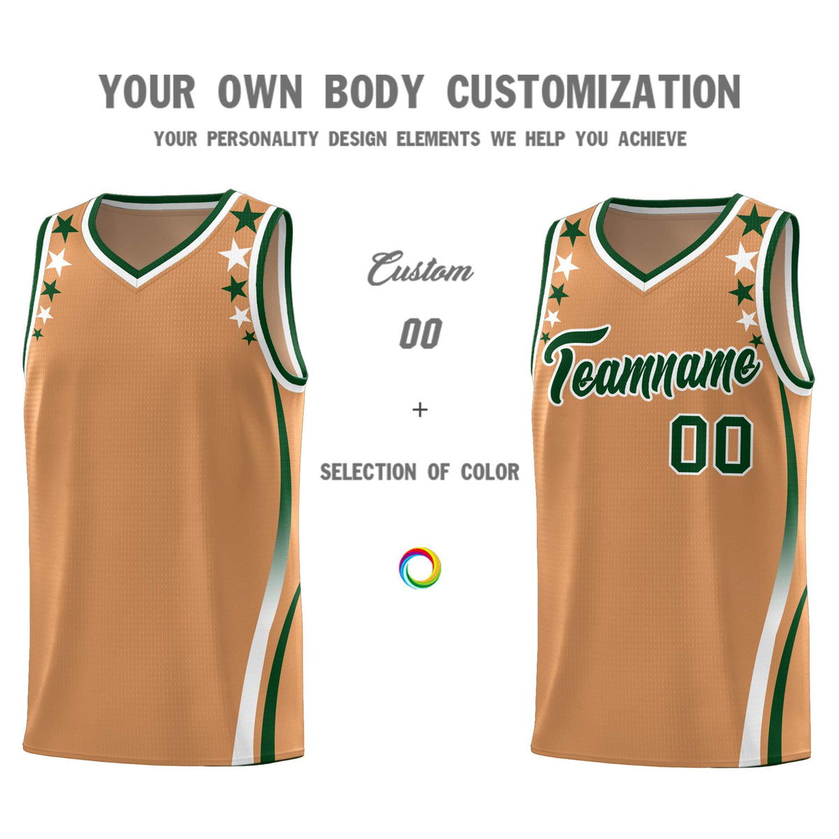 Custom Light Brown Shoulders Star Pattern Side Color Block Sports Uniform Basketball Jersey