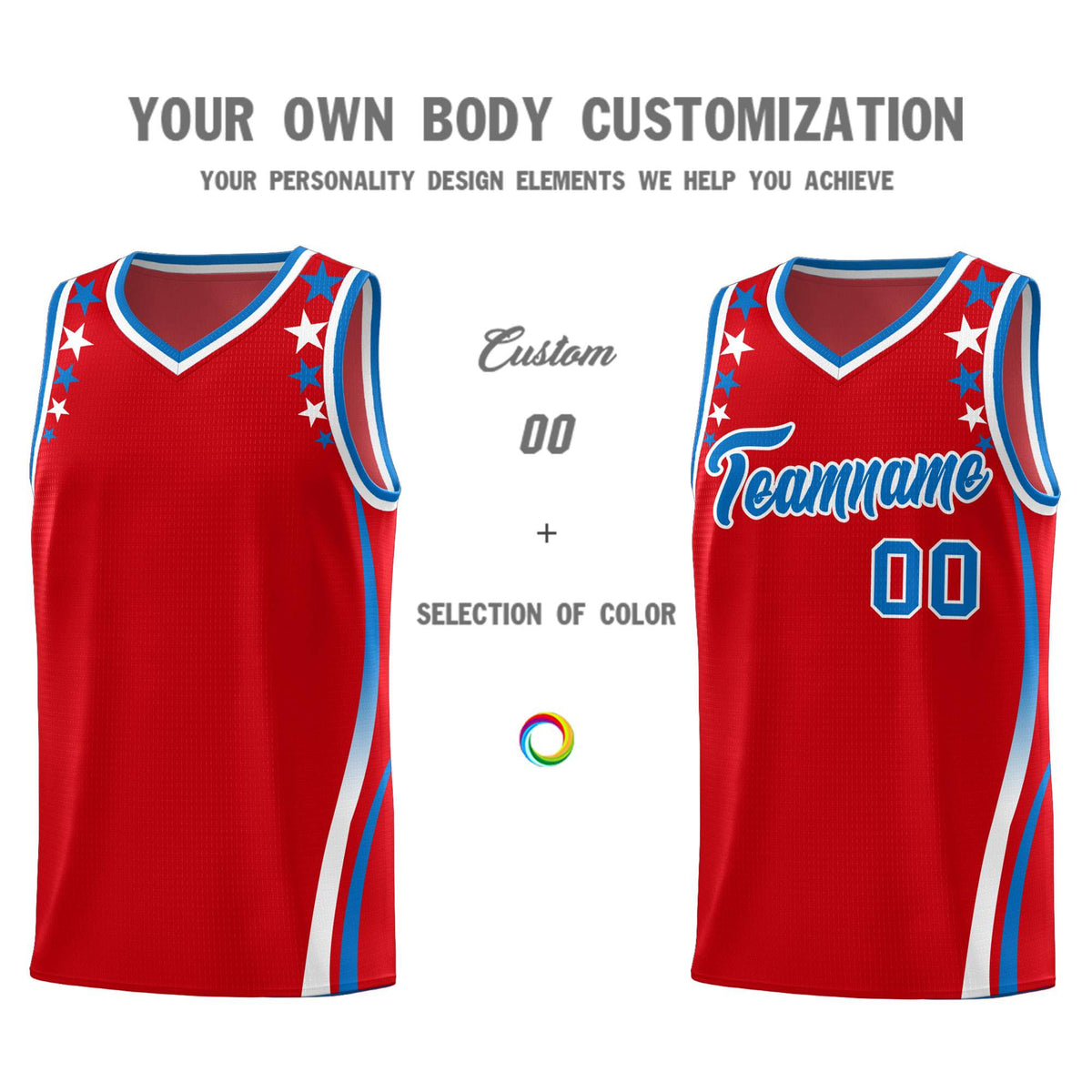 Custom Red Shoulders Star Pattern Side Color Block Sports Uniform Basketball Jersey