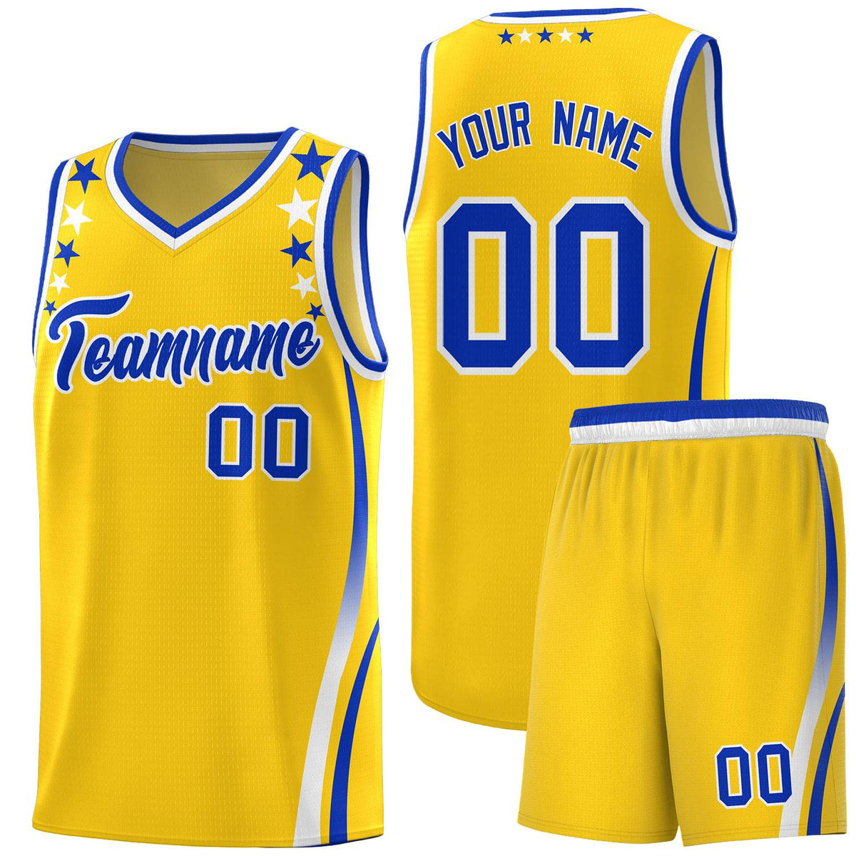 Custom Gold Shoulders Star Pattern Side Color Block Sports Uniform Basketball Jersey