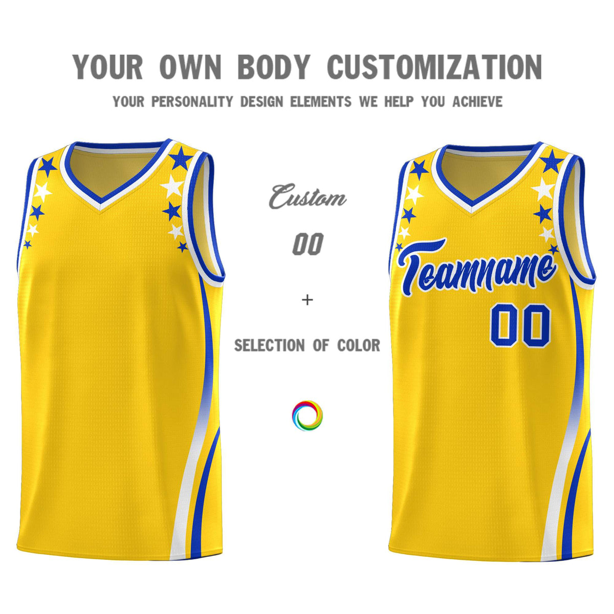 Custom Gold Shoulders Star Pattern Side Color Block Sports Uniform Basketball Jersey