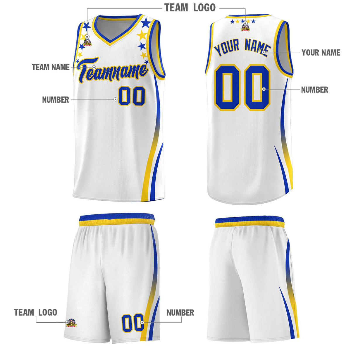 Custom White Shoulders Star Pattern Side Color Block Sports Uniform Basketball Jersey