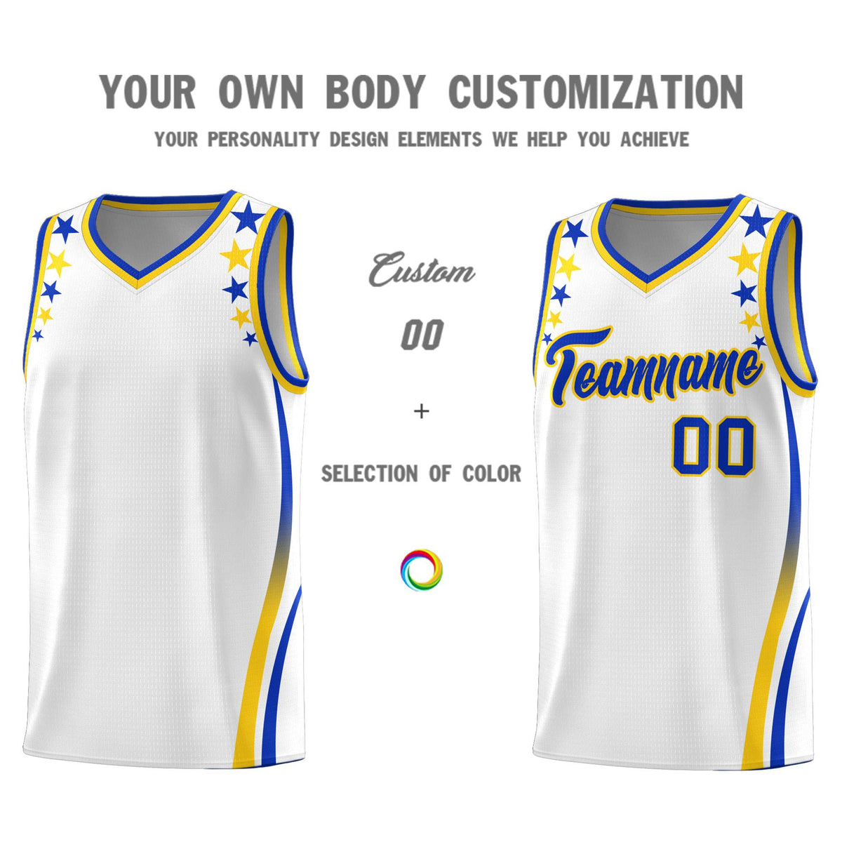 Custom White Shoulders Star Pattern Side Color Block Sports Uniform Basketball Jersey