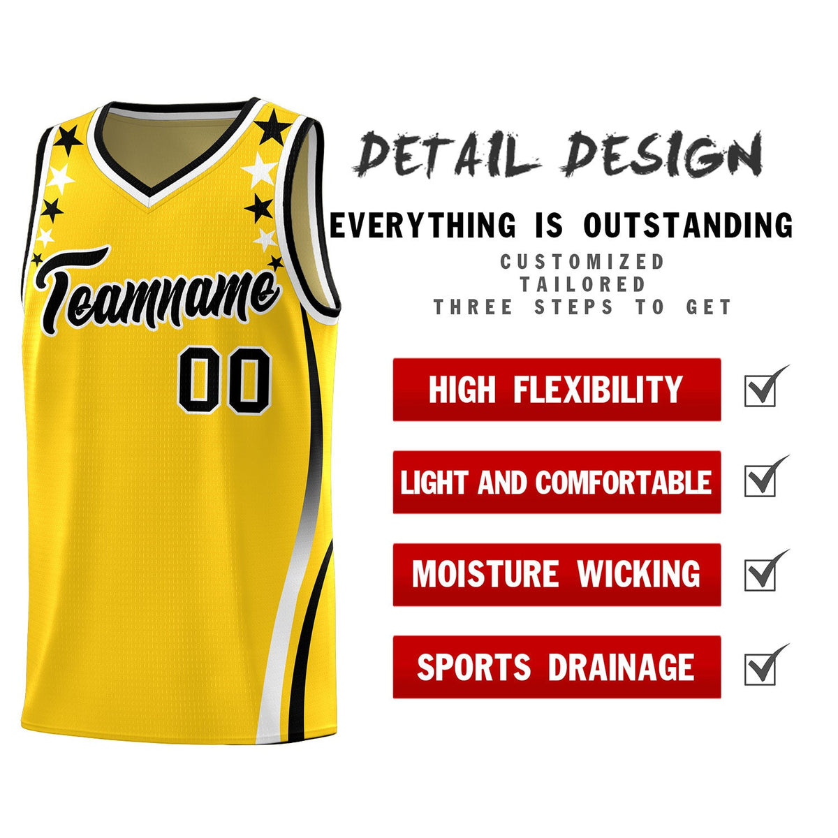 Custom Gold Shoulders Star Pattern Side Color Block Sports Uniform Basketball Jersey