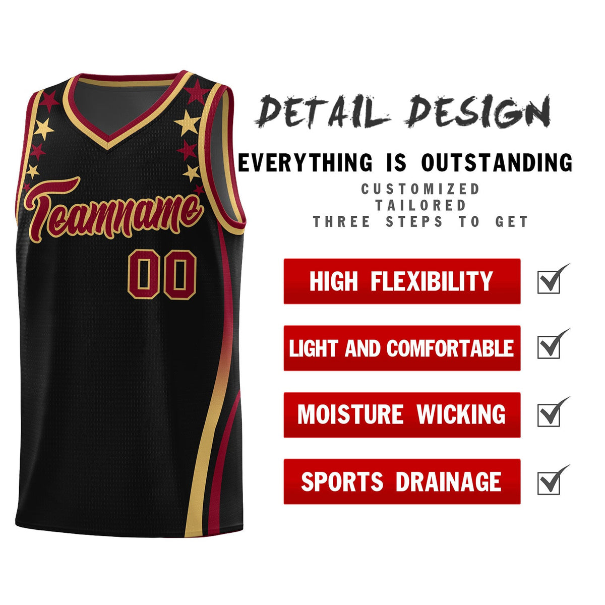 Custom Black Shoulders Star Pattern Side Color Block Sports Uniform Basketball Jersey