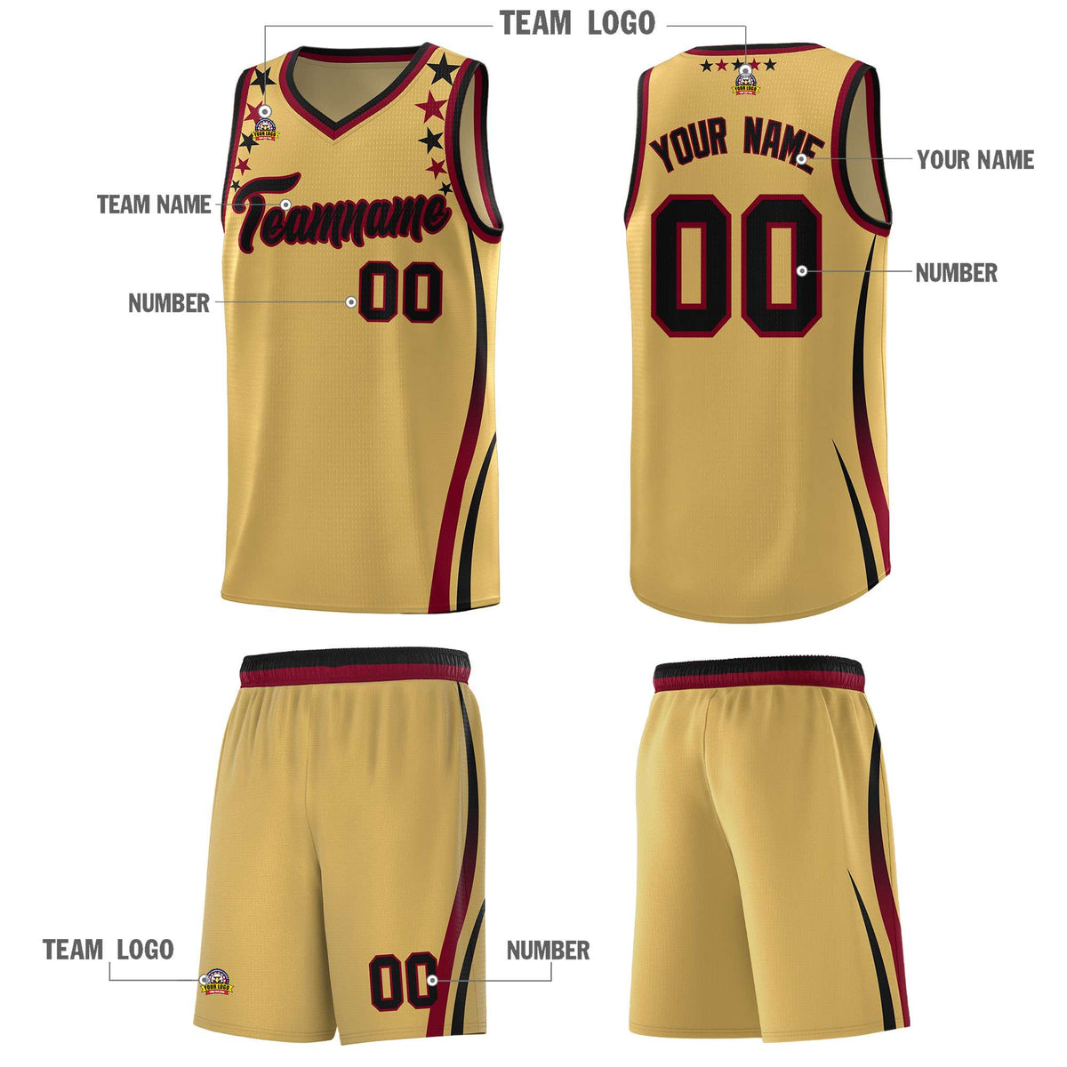 Custom Old Gold Shoulders Star Pattern Side Color Block Sports Uniform Basketball Jersey
