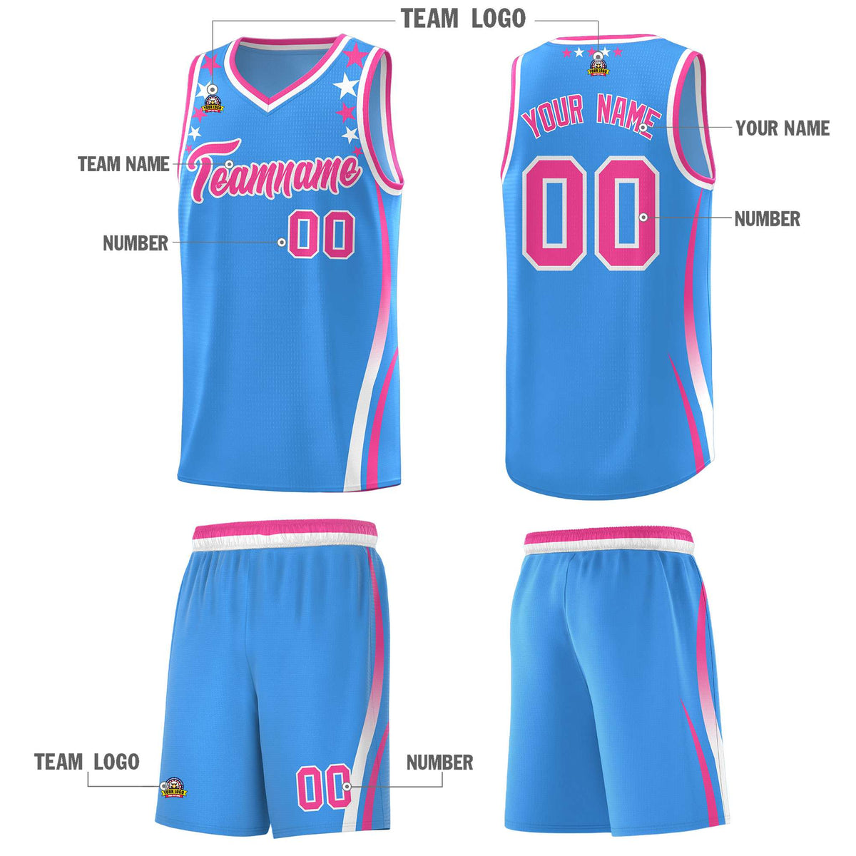 Custom Light Blue Shoulders Star Pattern Side Color Block Sports Uniform Basketball Jersey