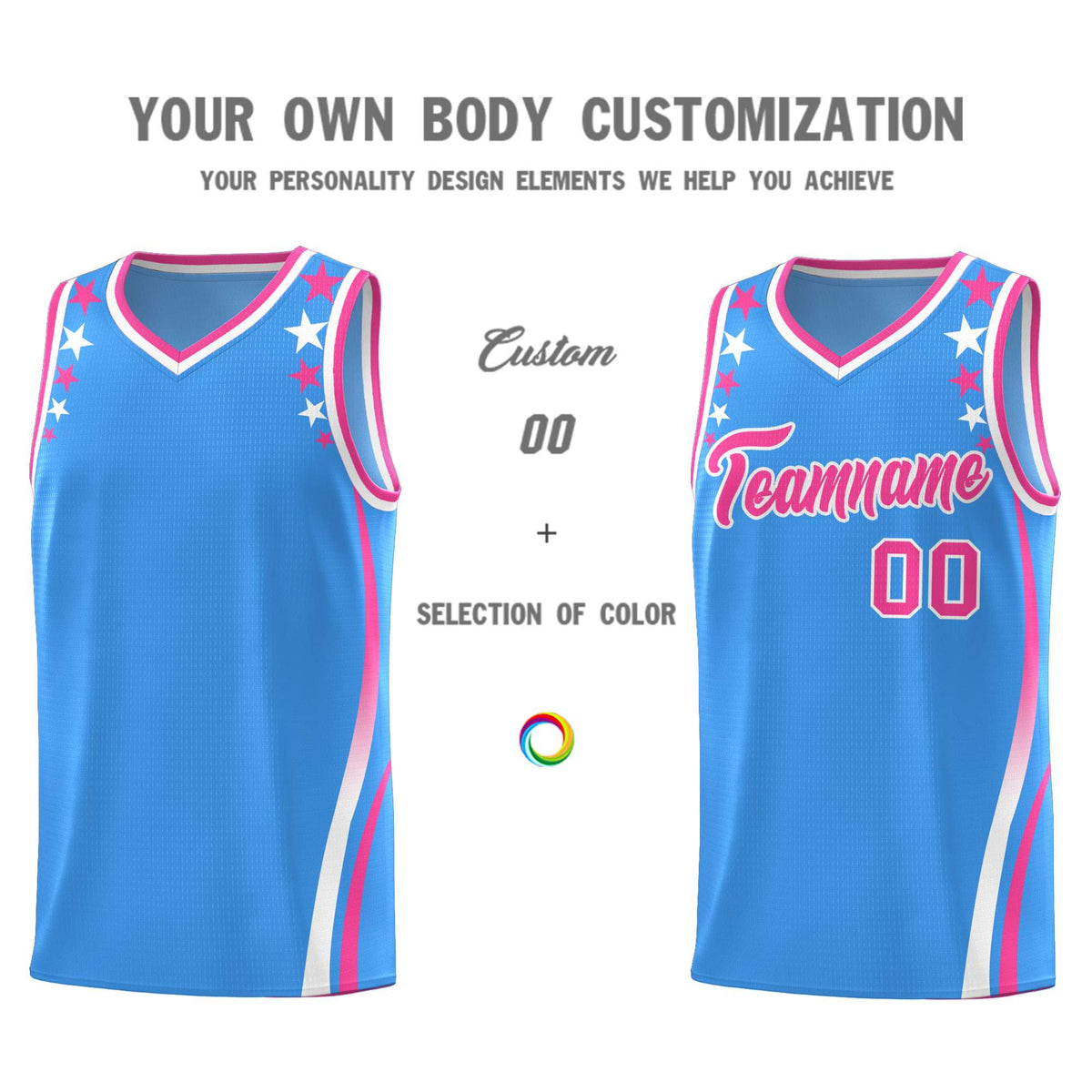 Custom Light Blue Shoulders Star Pattern Side Color Block Sports Uniform Basketball Jersey