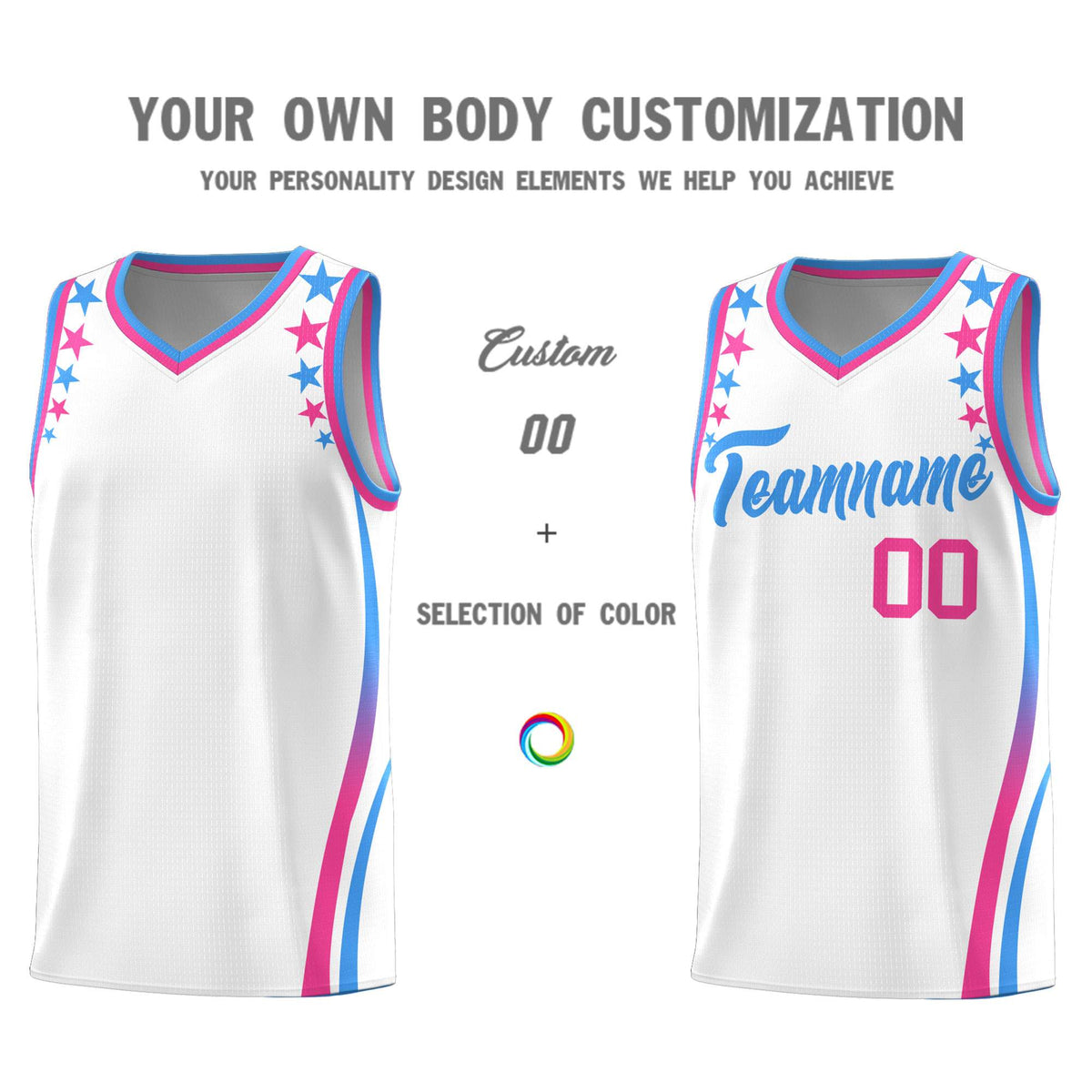 Custom White Shoulders Star Pattern Side Color Block Sports Uniform Basketball Jersey