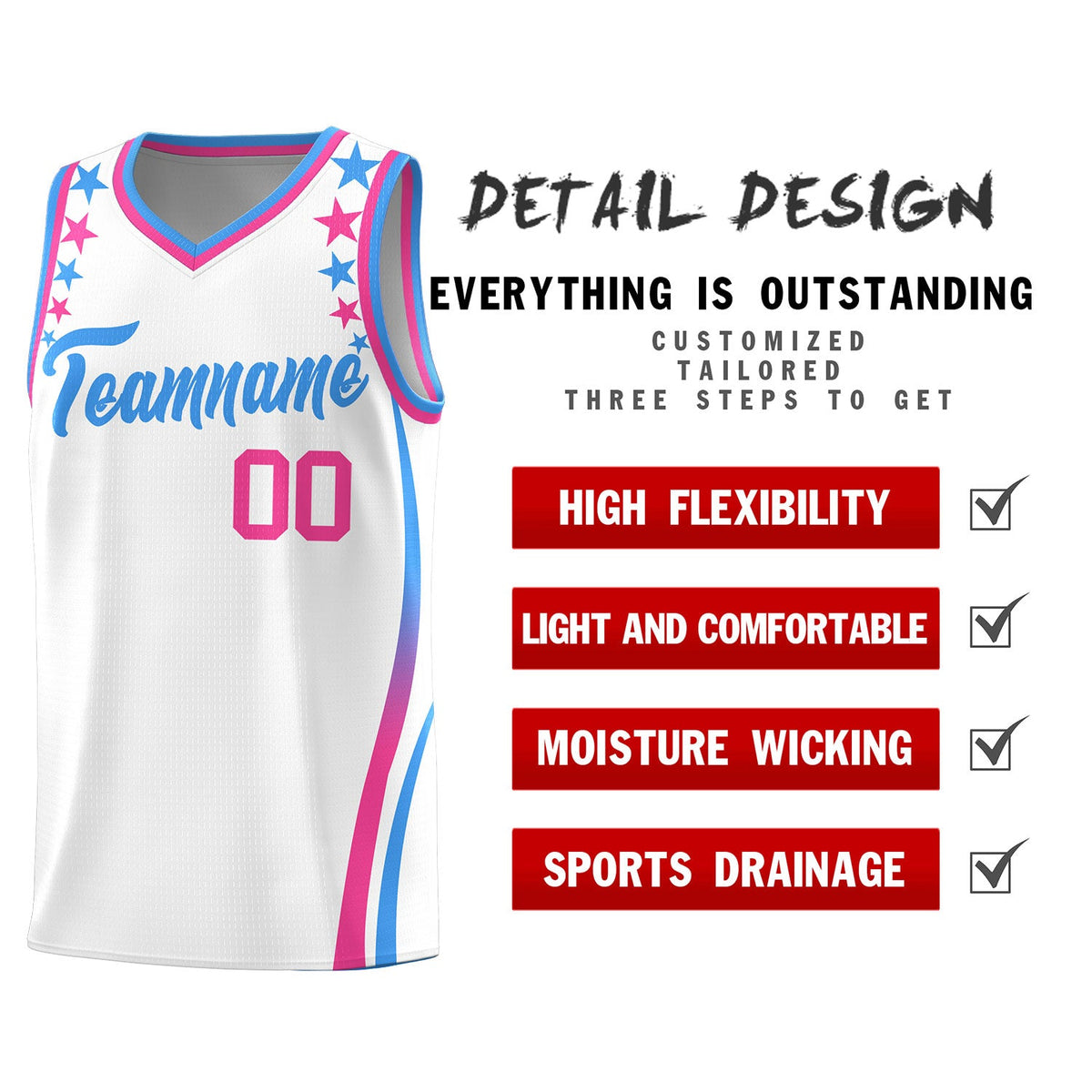 Custom White Shoulders Star Pattern Side Color Block Sports Uniform Basketball Jersey
