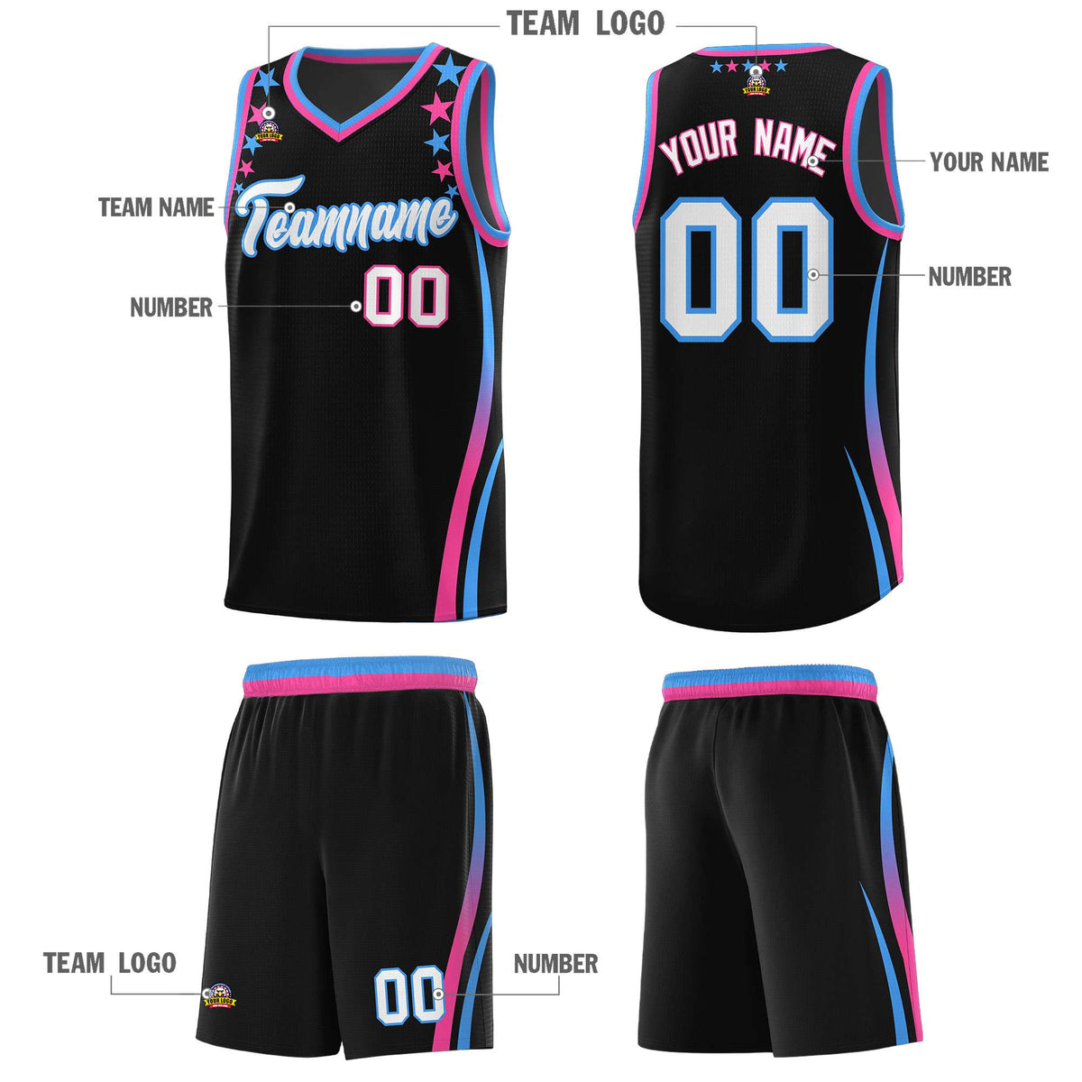 Custom Black Shoulders Star Pattern Side Color Block Sports Uniform Basketball Jersey