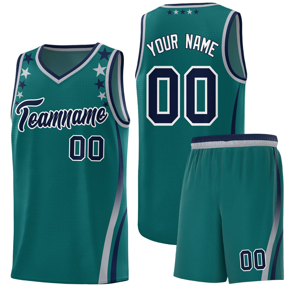 Custom Aqua Shoulders Star Pattern Side Color Block Sports Uniform Basketball Jersey