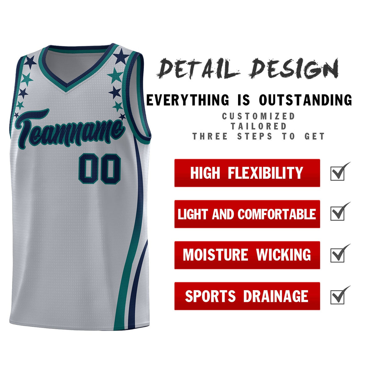Custom Gray Shoulders Star Pattern Side Color Block Sports Uniform Basketball Jersey