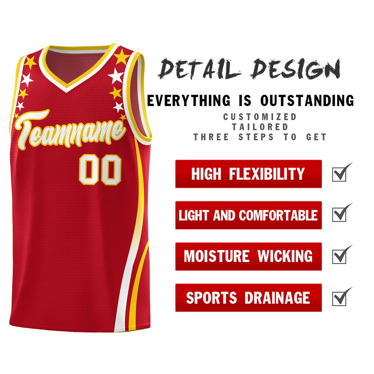 Custom Red Shoulders Star Pattern Side Color Block Sports Uniform Basketball Jersey