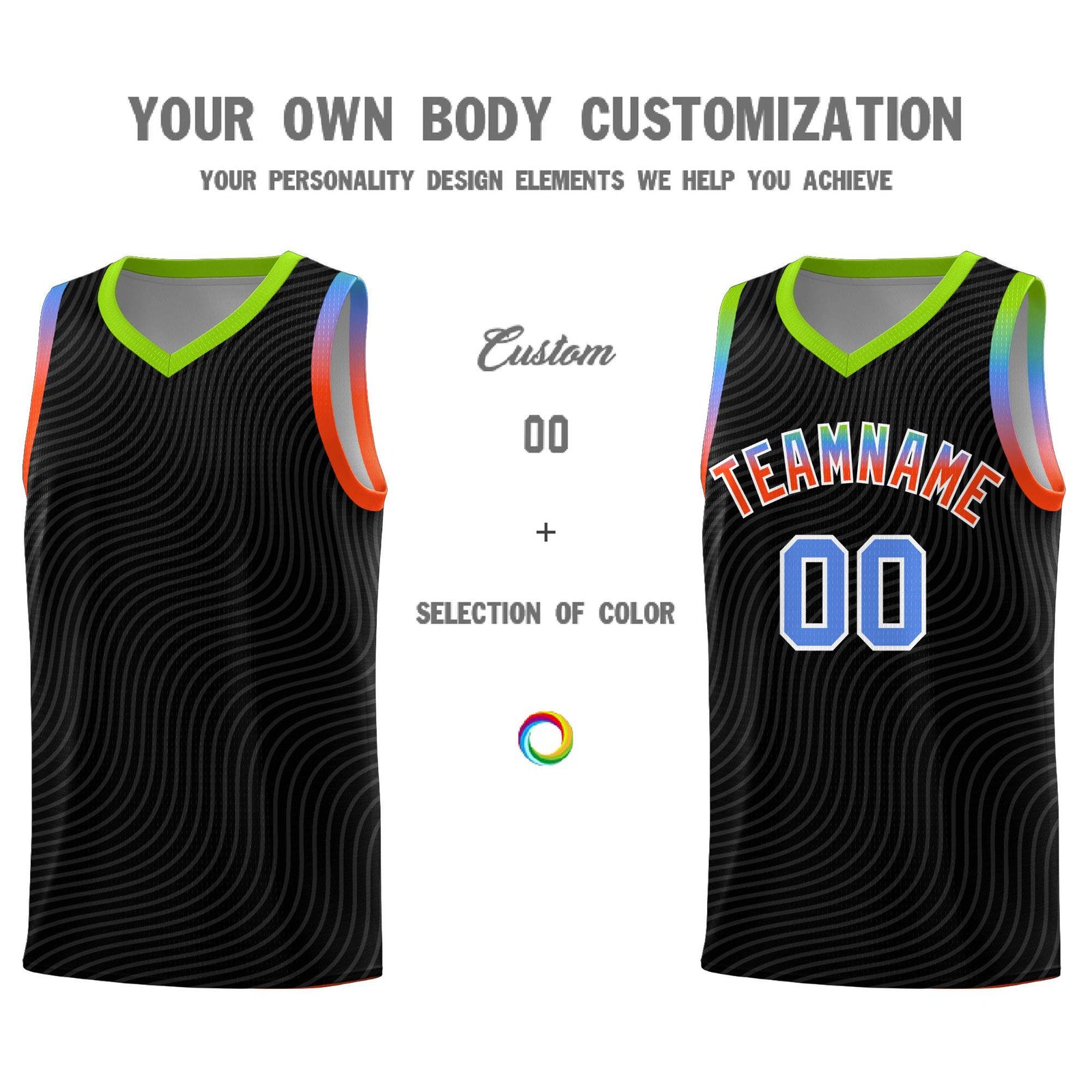 Custom Black Neon Green Wave Pattern Sports Uniform Basketball Jersey