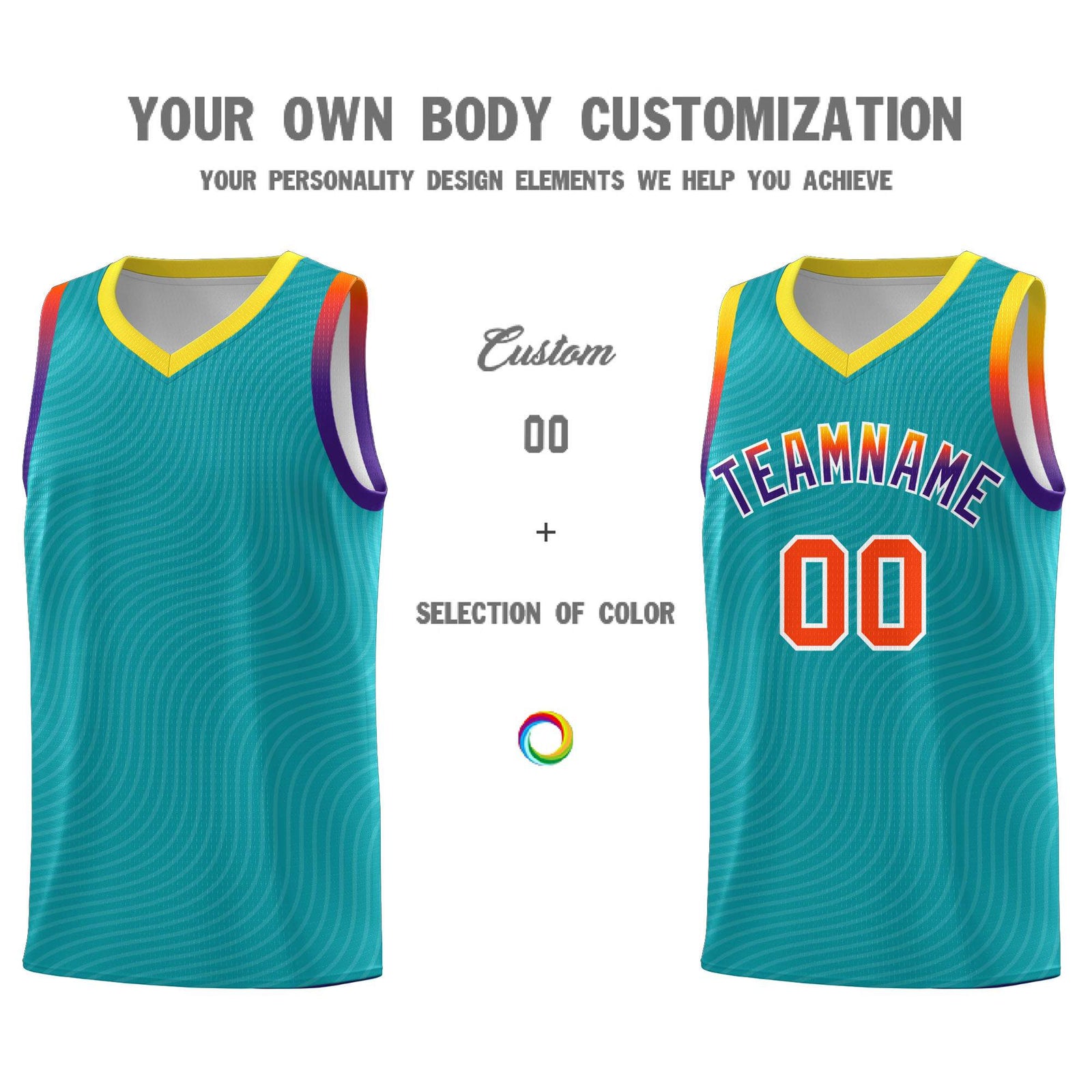 Custom Aqua Gold Wave Pattern Sports Uniform Basketball Jersey