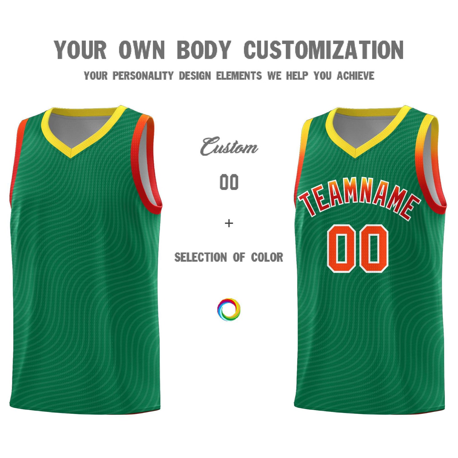 Custom Kelly Green Gold Wave Pattern Sports Uniform Basketball Jersey
