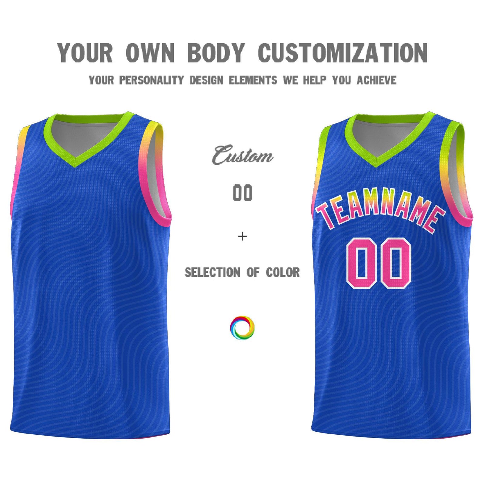 Custom Royal Blue Neon Green Wave Pattern Sports Uniform Basketball Jersey