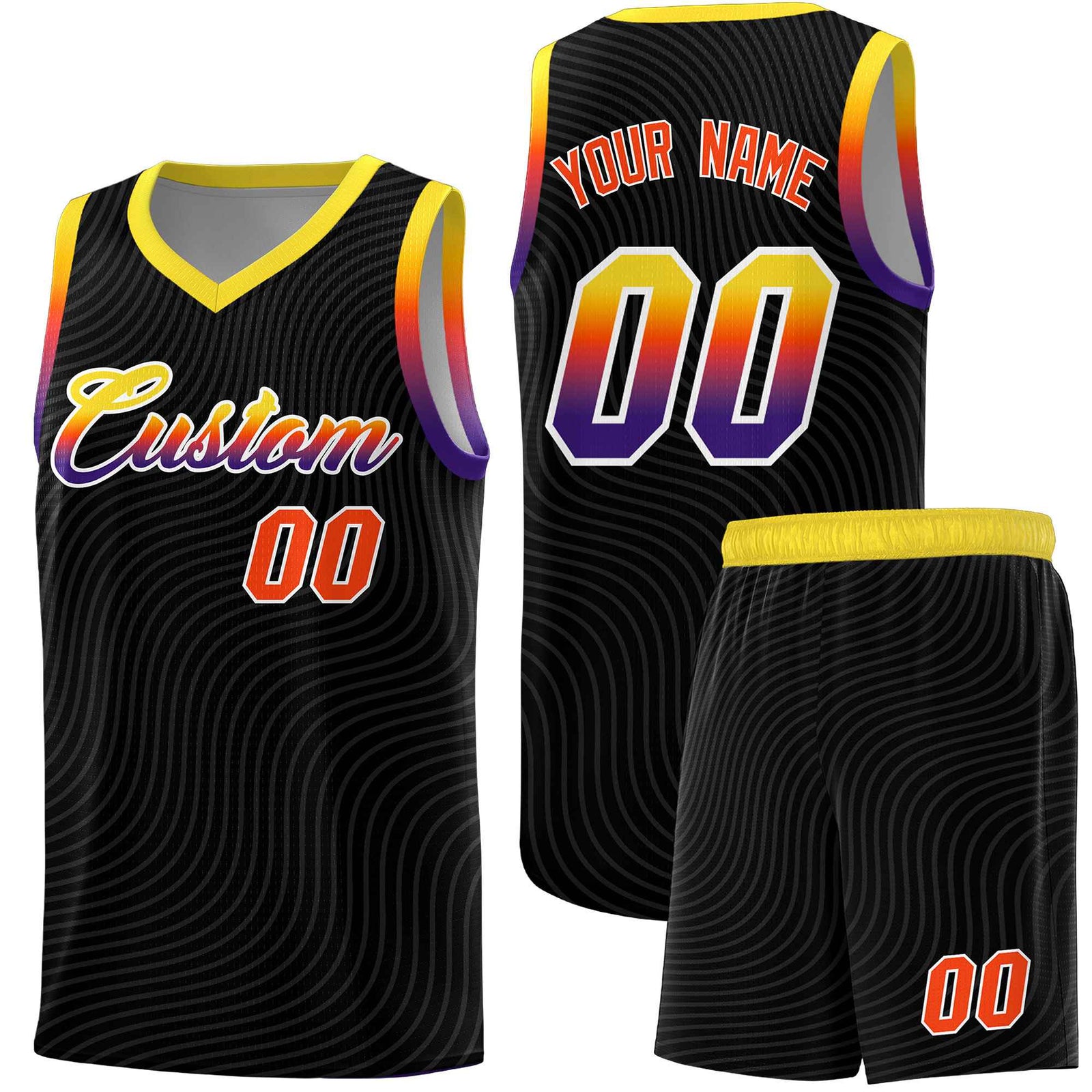 Custom Black Gold Wave Pattern Sports Uniform Basketball Jersey