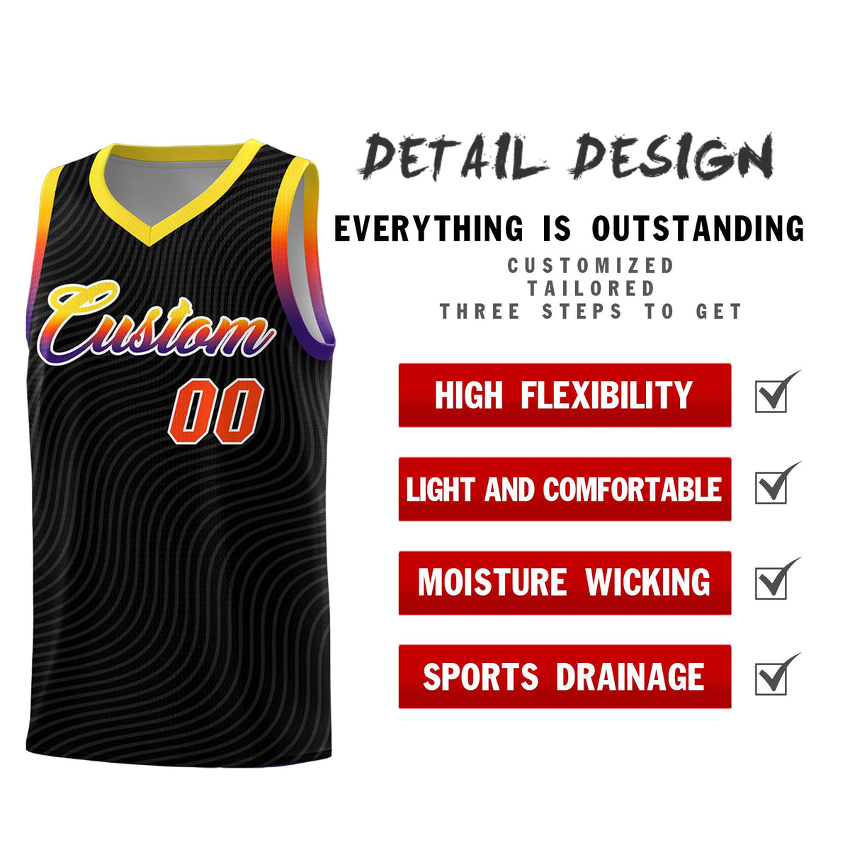 Custom Black Gold Wave Pattern Sports Uniform Basketball Jersey