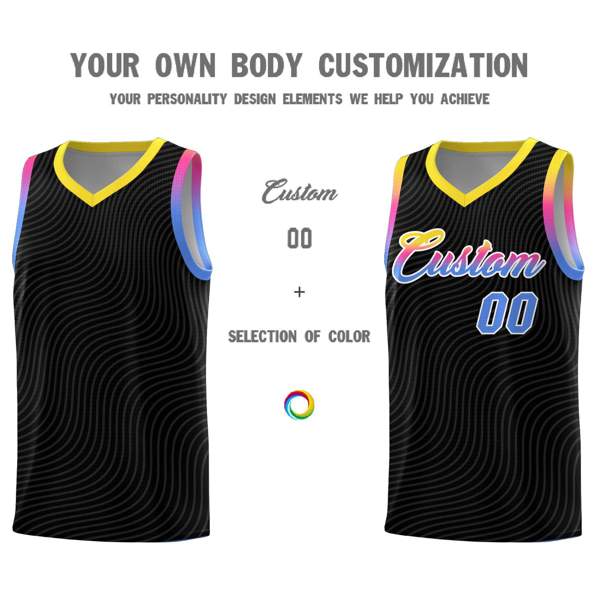 Custom Black Gold Wave Pattern Sports Uniform Basketball Jersey