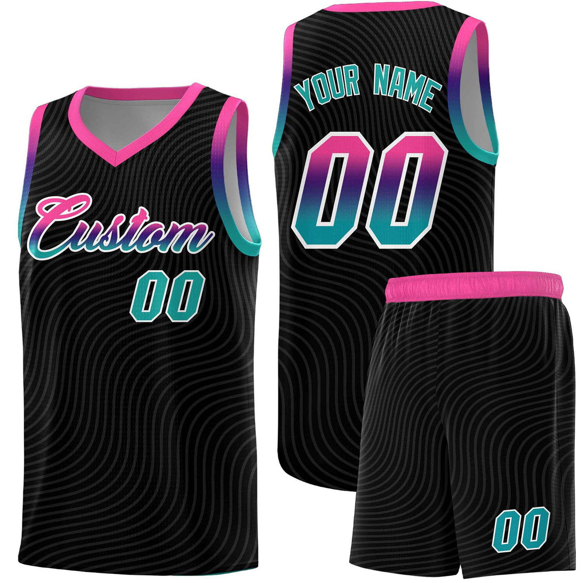 Custom Black Pink Wave Pattern Sports Uniform Basketball Jersey