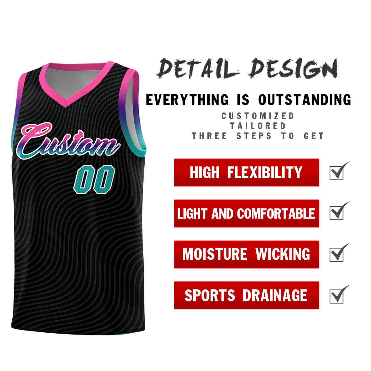 Custom Black Pink Wave Pattern Sports Uniform Basketball Jersey