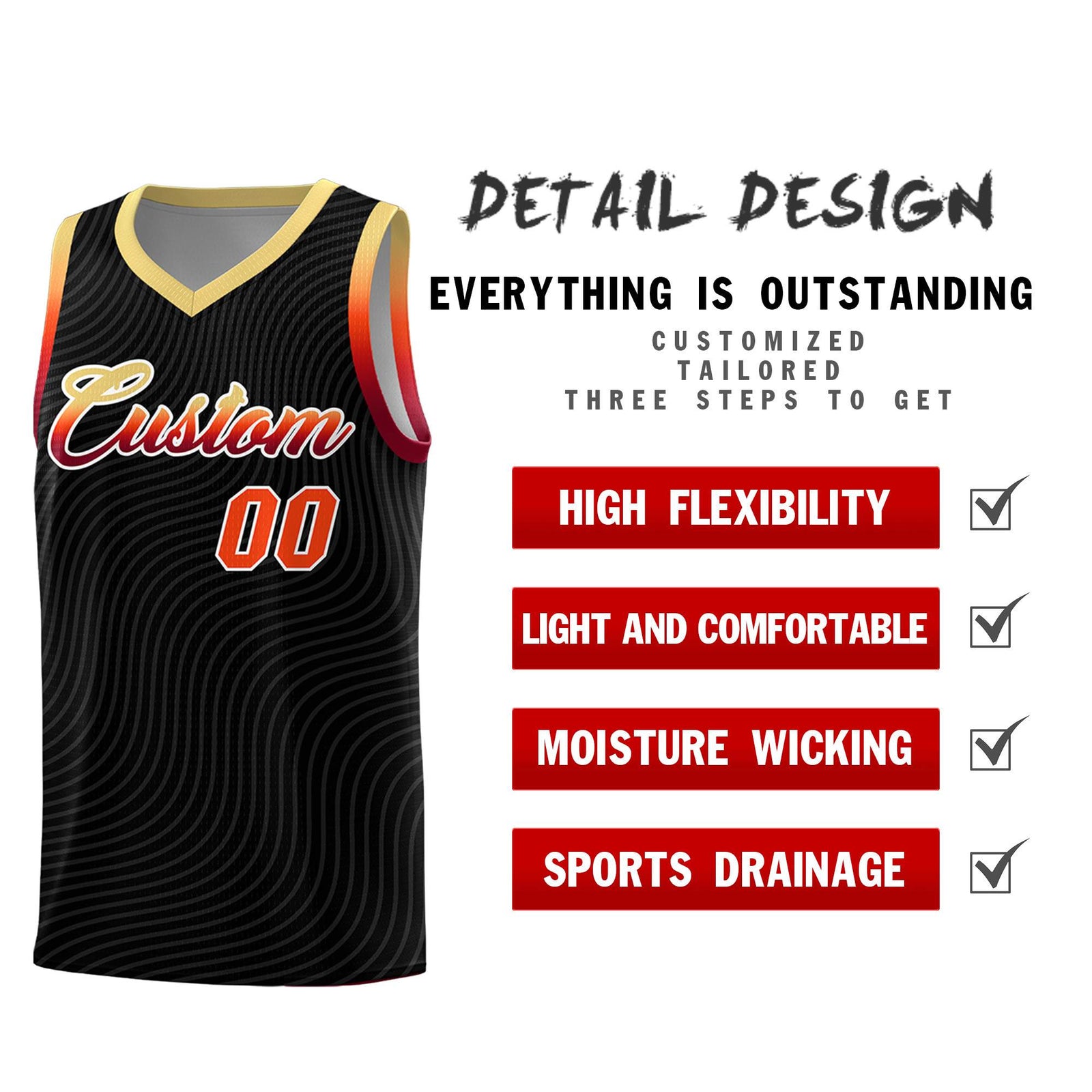 Custom Black Khaki Wave Pattern Sports Uniform Basketball Jersey