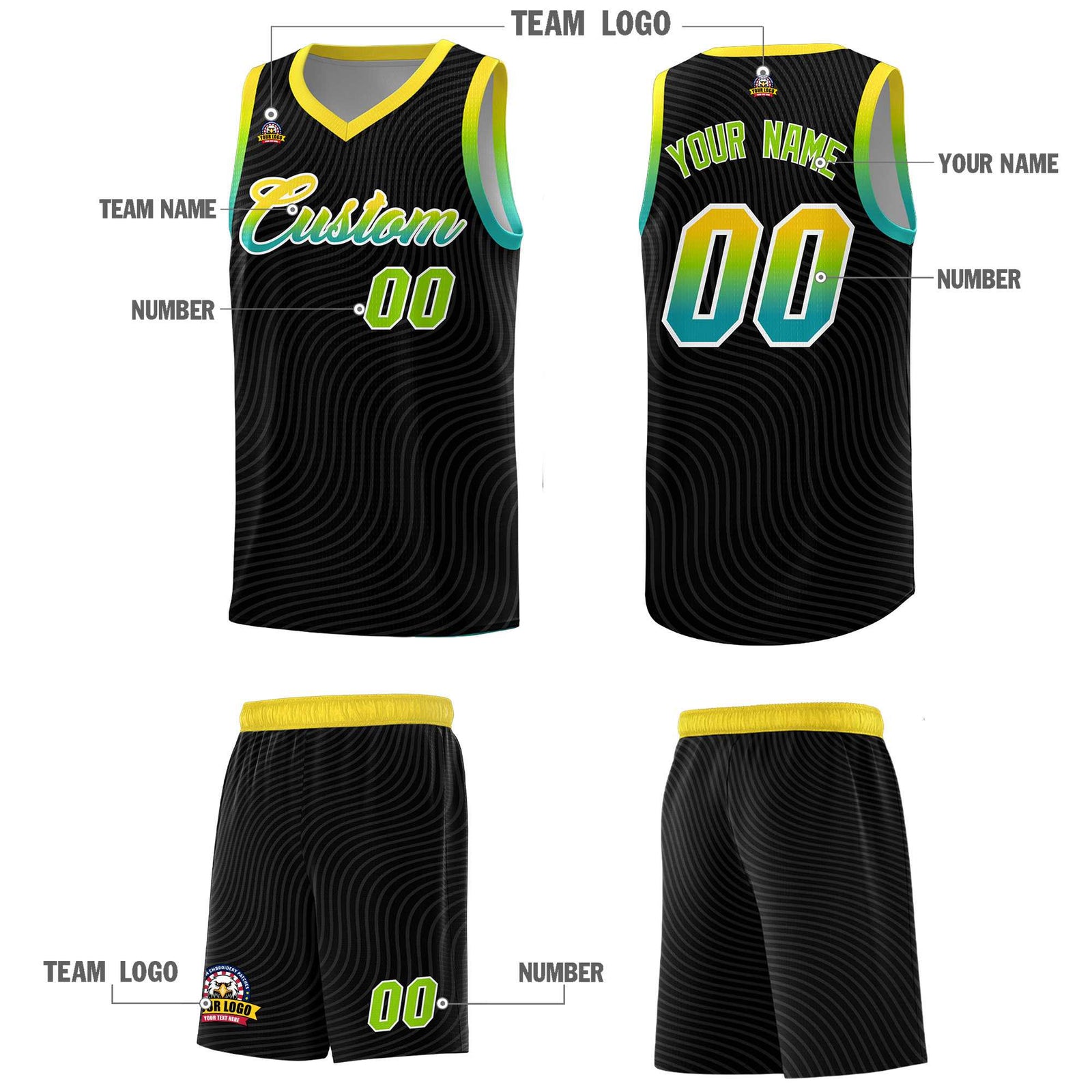 Custom Black Gold Wave Pattern Sports Uniform Basketball Jersey