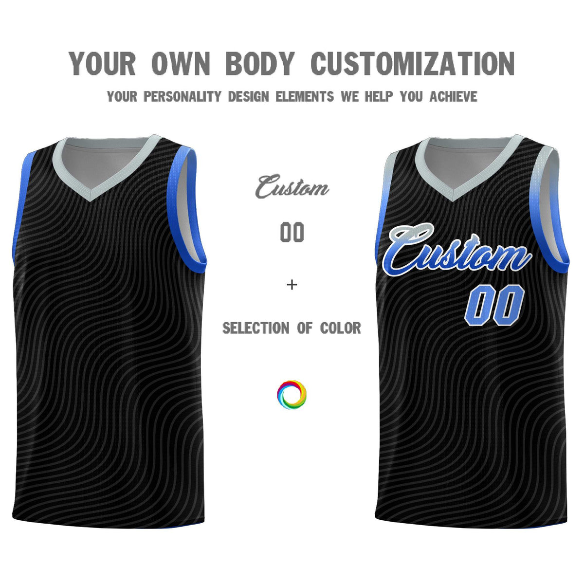 Custom Black Gray Wave Pattern Sports Uniform Basketball Jersey