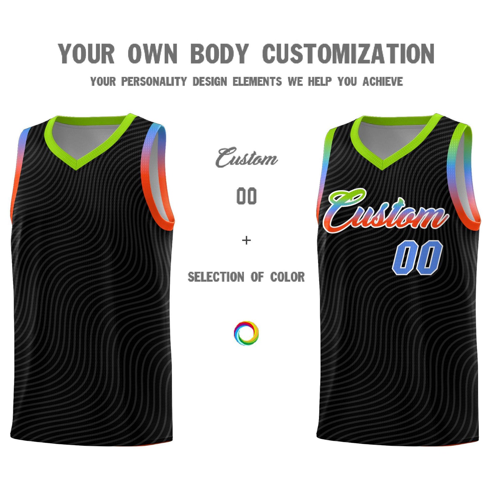 Custom Black Neon Green Wave Pattern Sports Uniform Basketball Jersey