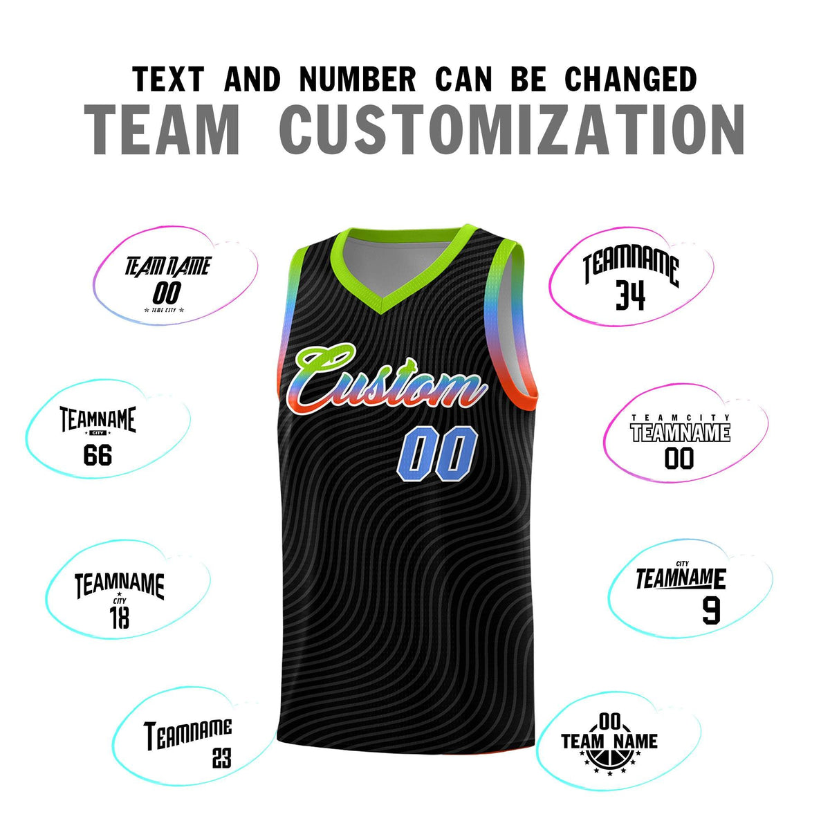 Custom Black Neon Green Wave Pattern Sports Uniform Basketball Jersey