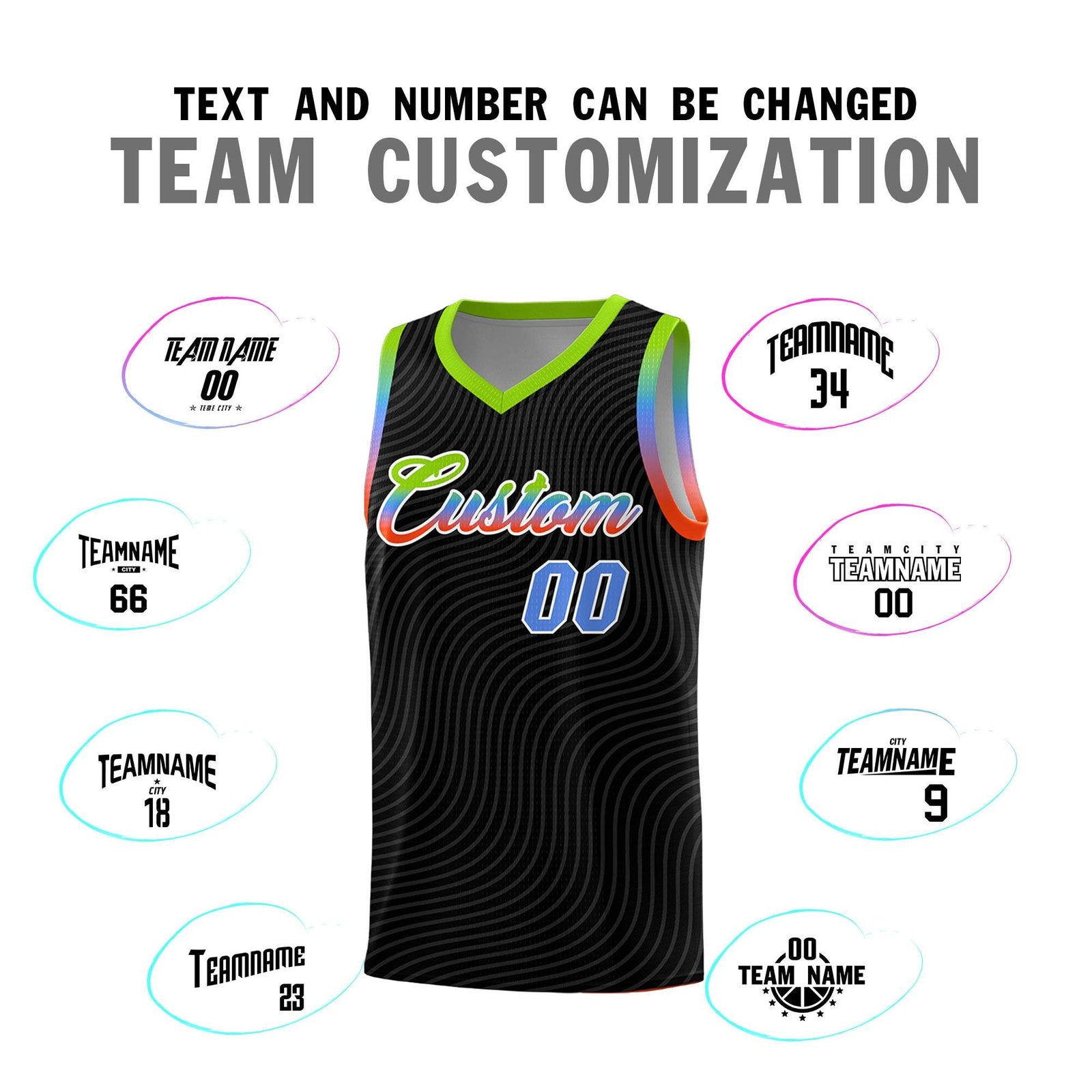 Custom Black Neon Green Wave Pattern Sports Uniform Basketball Jersey