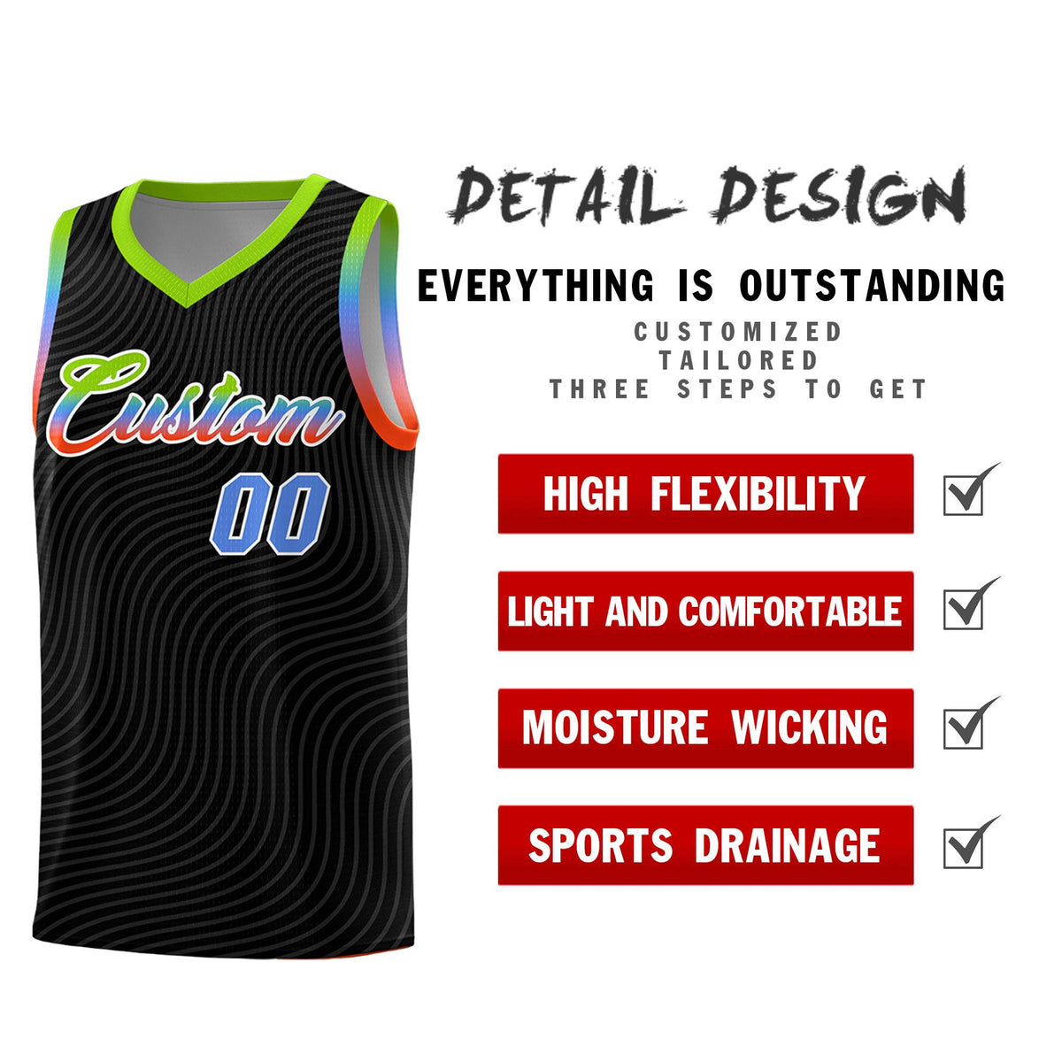 Custom Black Neon Green Wave Pattern Sports Uniform Basketball Jersey