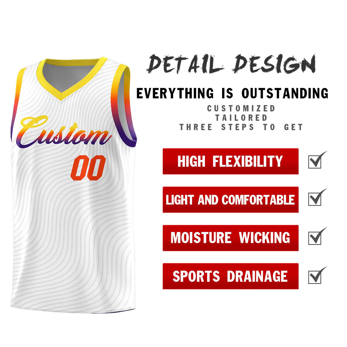 Custom White Gold Wave Pattern Sports Uniform Basketball Jersey