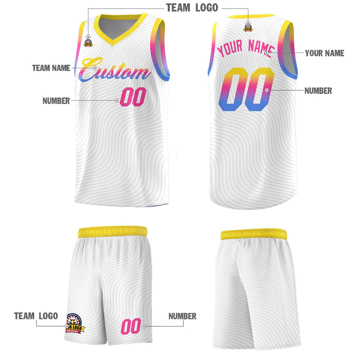 Custom White Gold Wave Pattern Sports Uniform Basketball Jersey