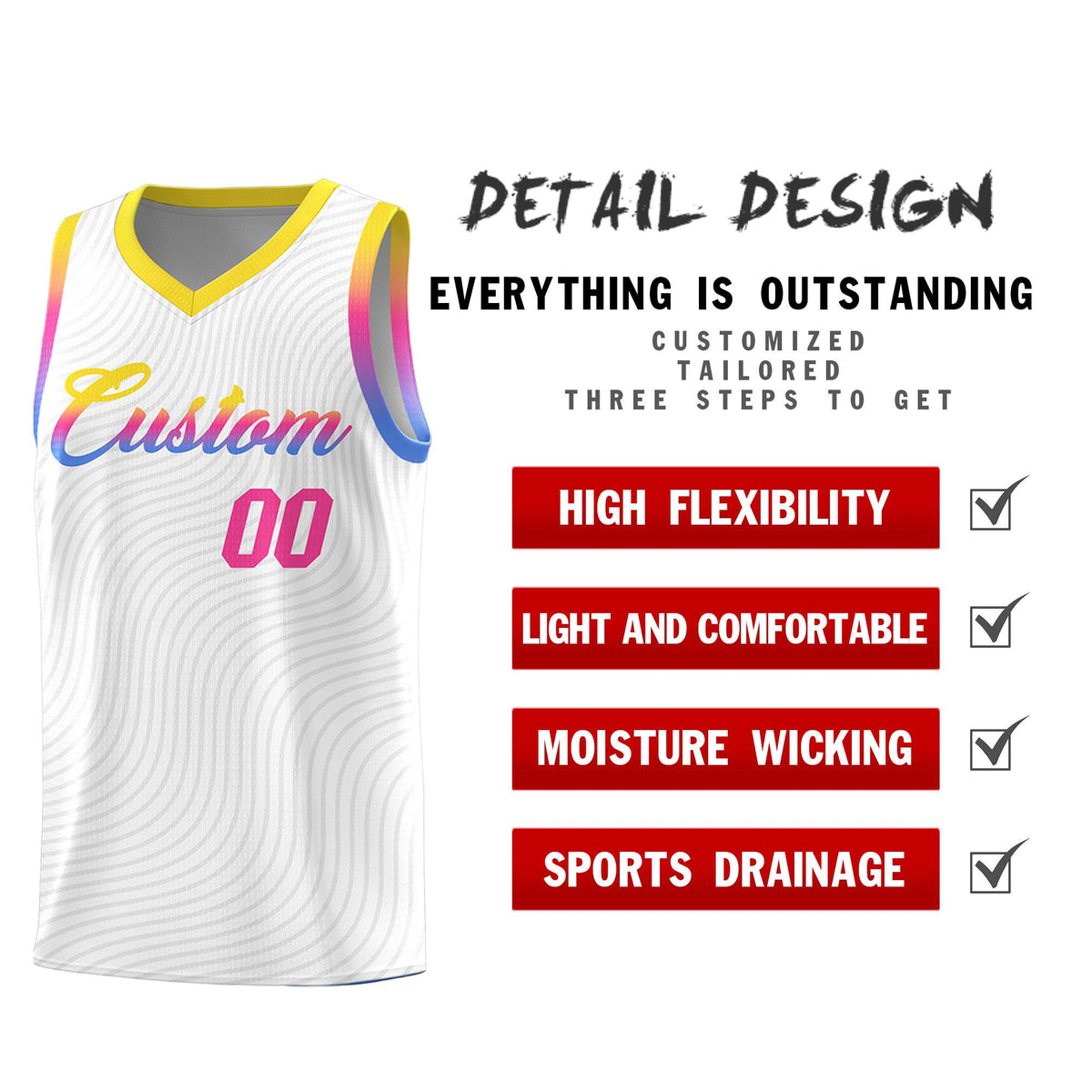 Custom White Gold Wave Pattern Sports Uniform Basketball Jersey