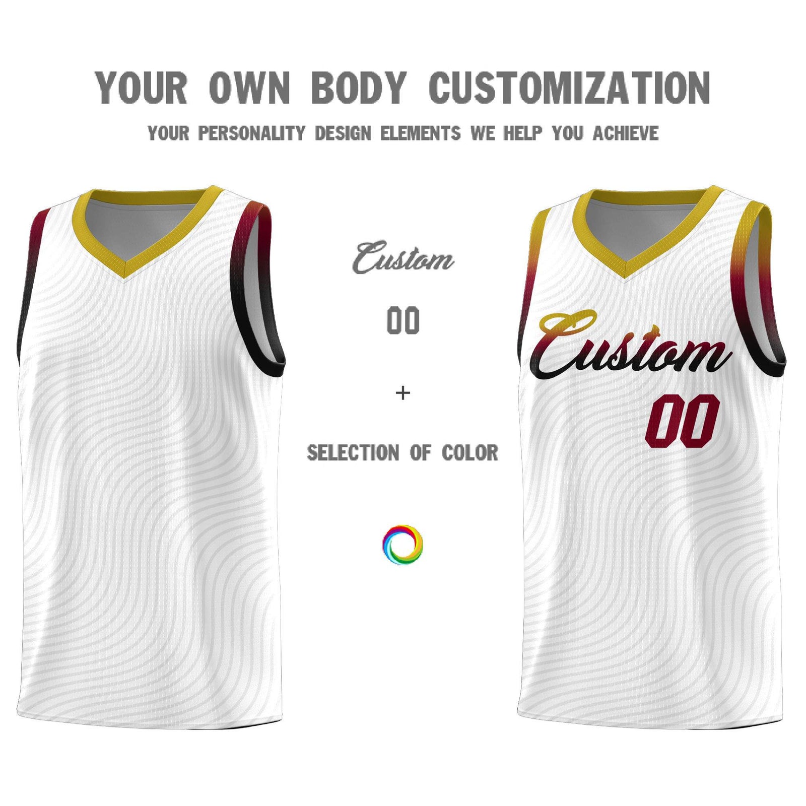 Custom White Old Gold Wave Pattern Sports Uniform Basketball Jersey