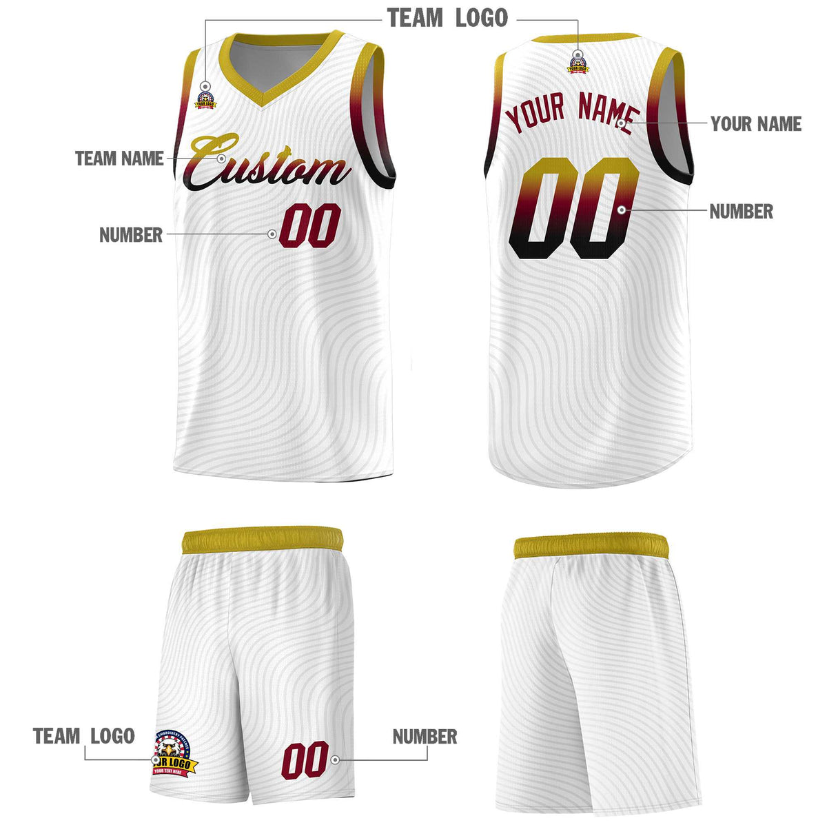 Custom White Old Gold Wave Pattern Sports Uniform Basketball Jersey