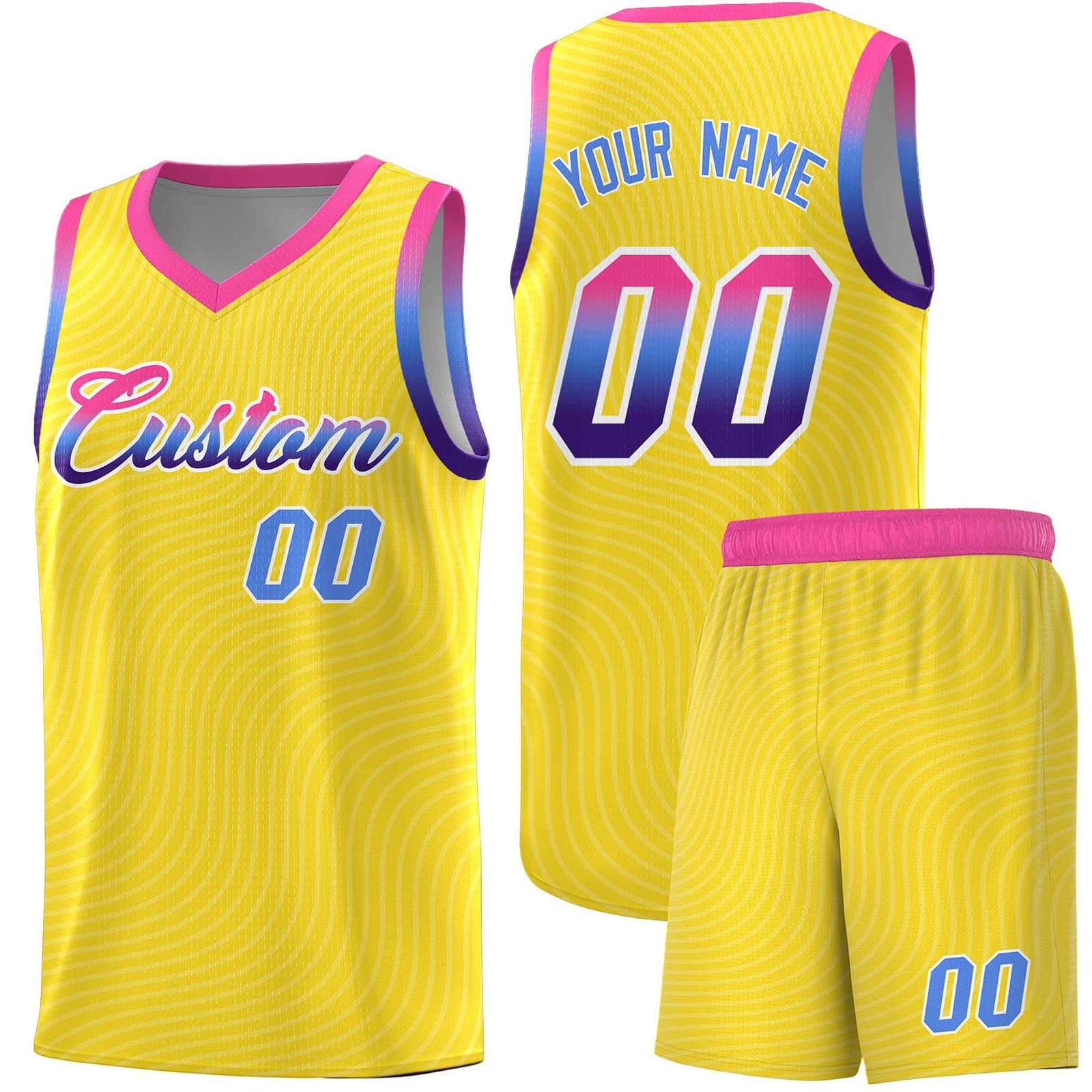 Custom Gold Pink Wave Pattern Sports Uniform Basketball Jersey