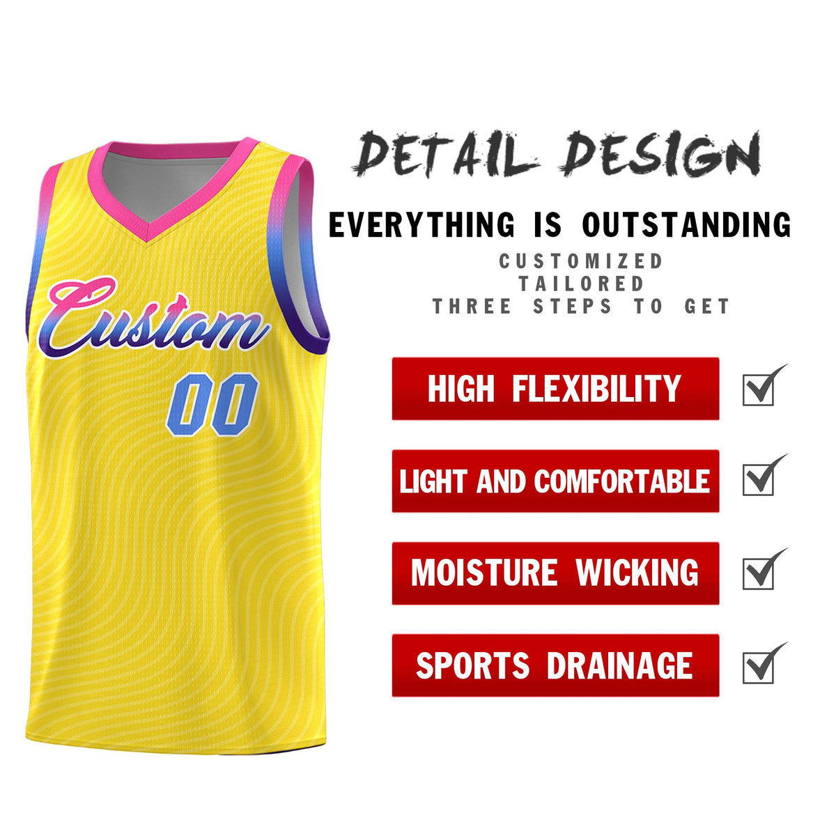 Custom Gold Pink Wave Pattern Sports Uniform Basketball Jersey