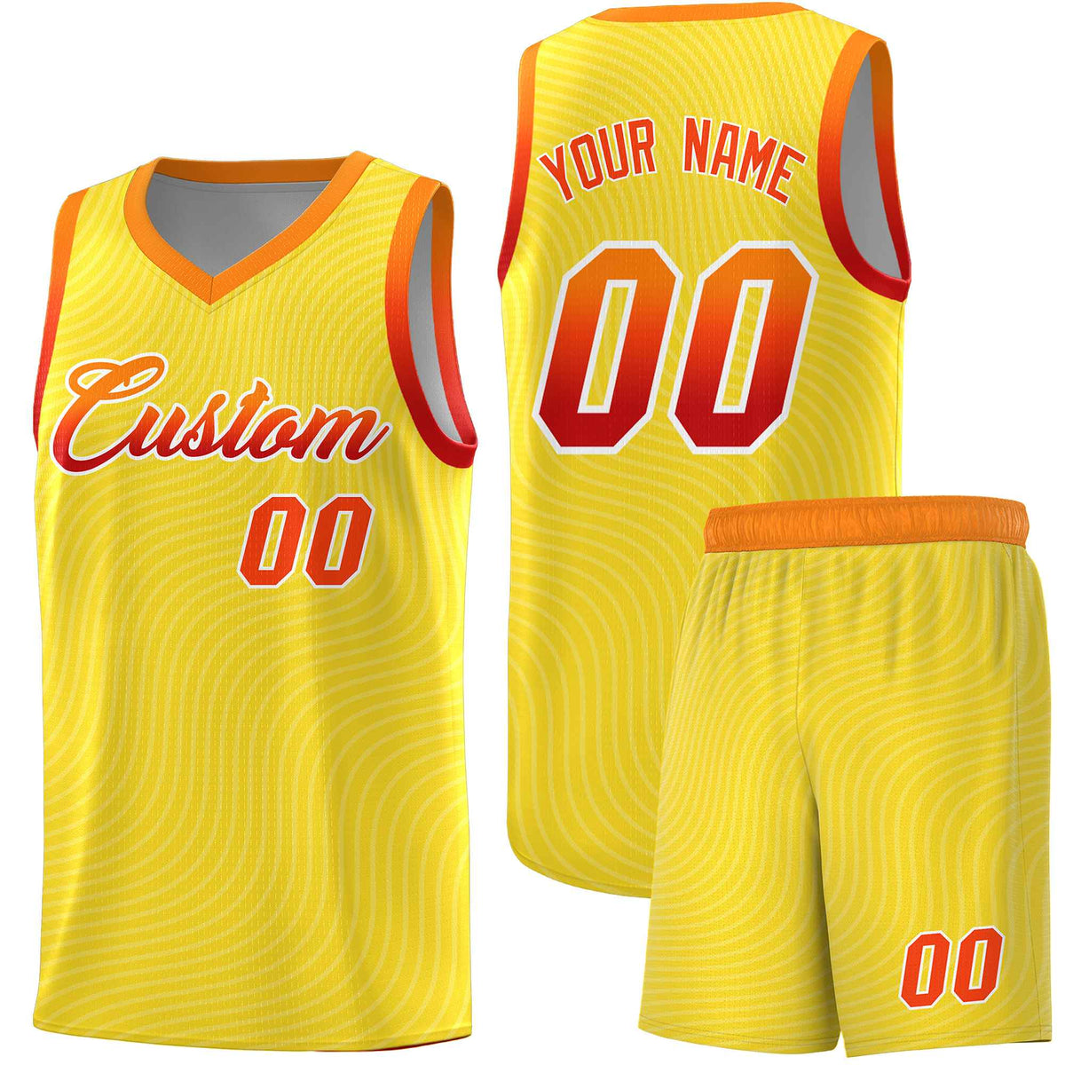Custom Gold Orange Wave Pattern Sports Uniform Basketball Jersey