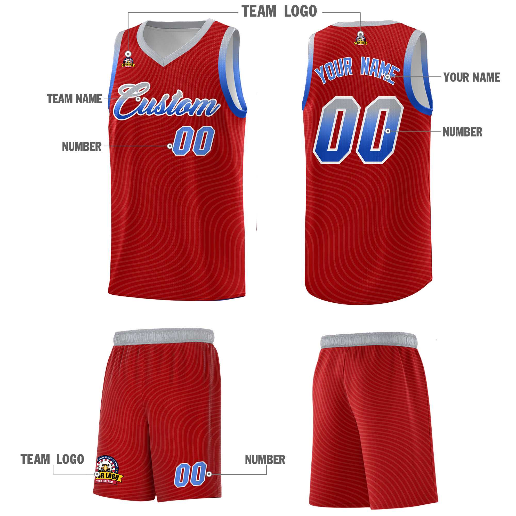 Custom Red Gray Wave Pattern Sports Uniform Basketball Jersey