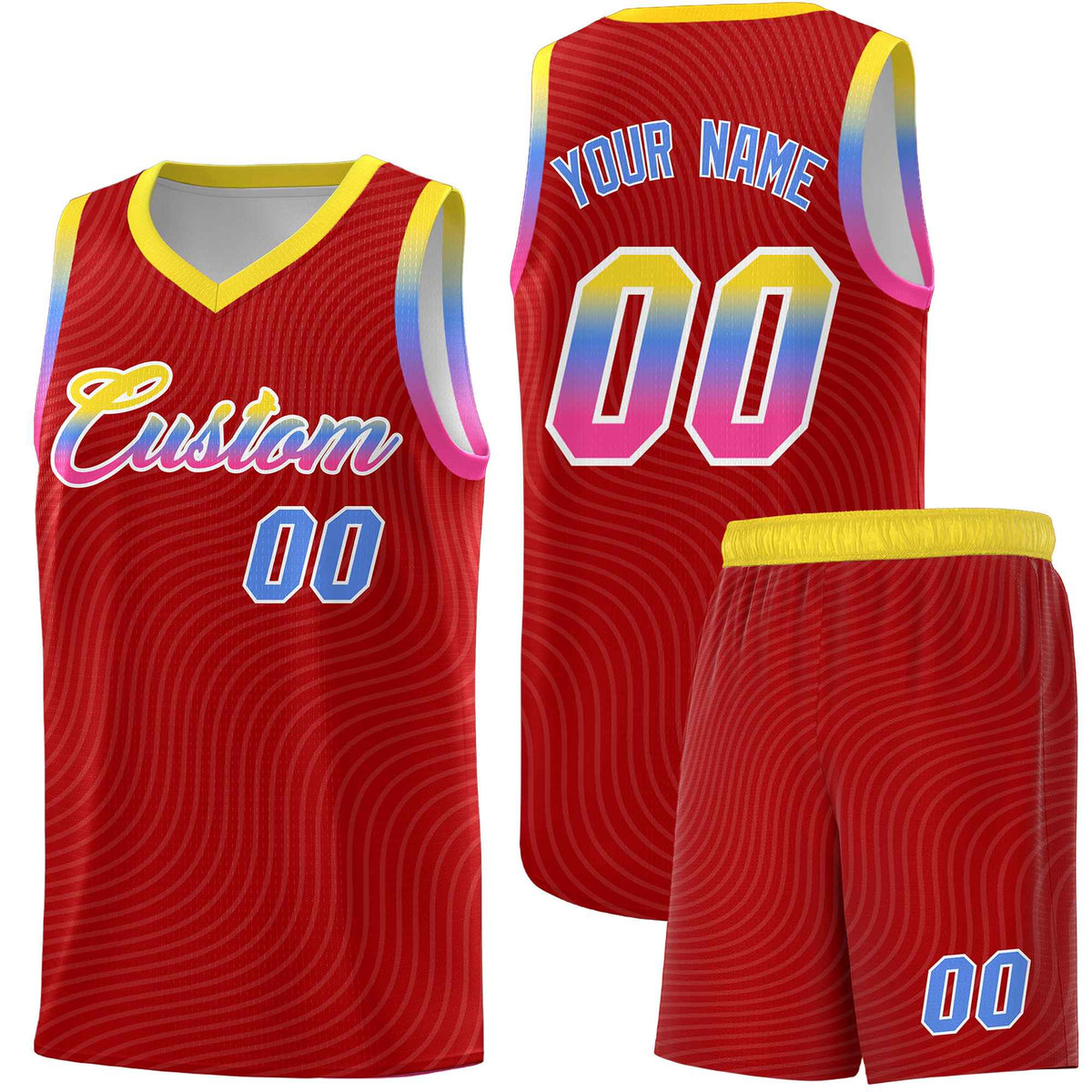 Custom Red Gold Wave Pattern Sports Uniform Basketball Jersey