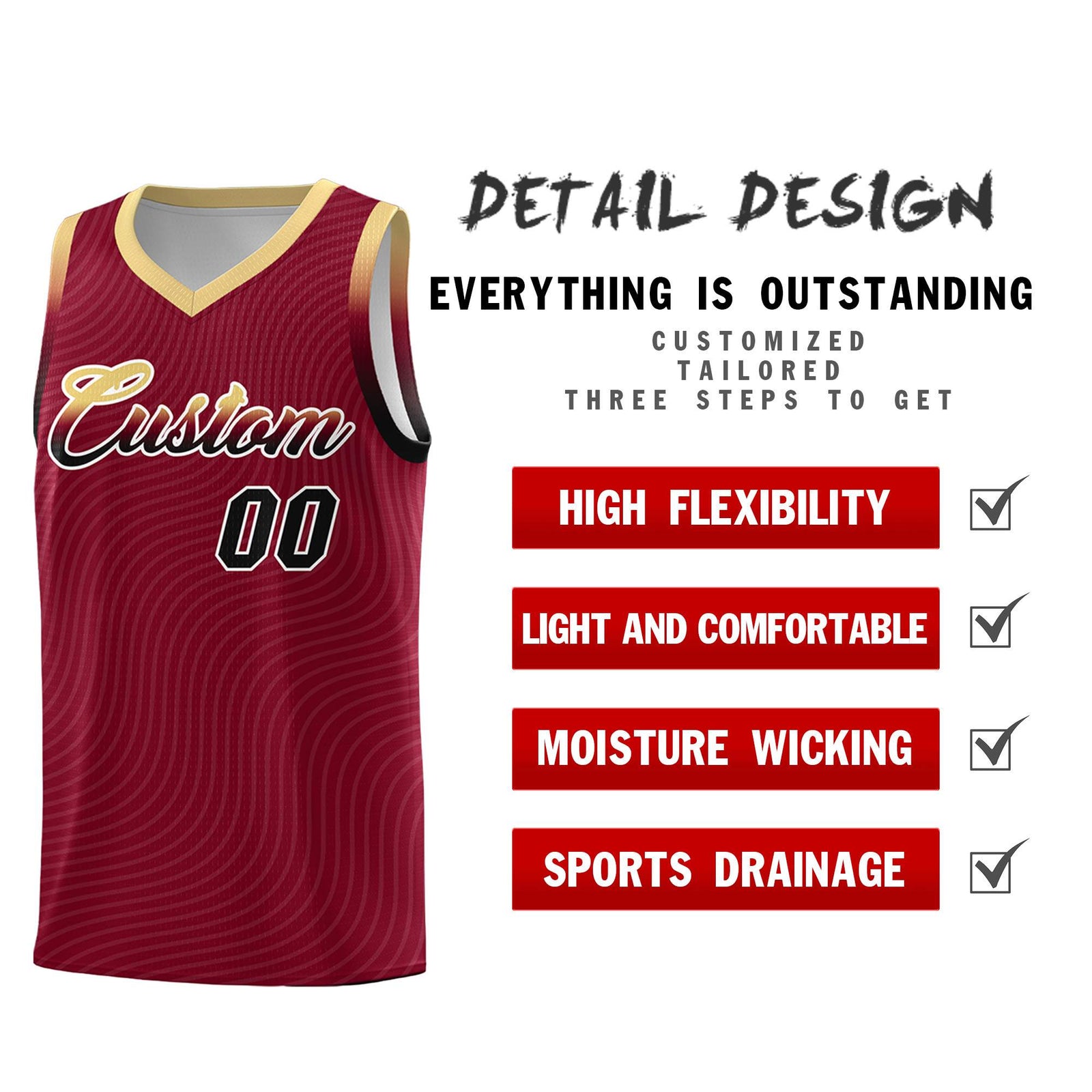 Custom Crimson Khaki Wave Pattern Sports Uniform Basketball Jersey